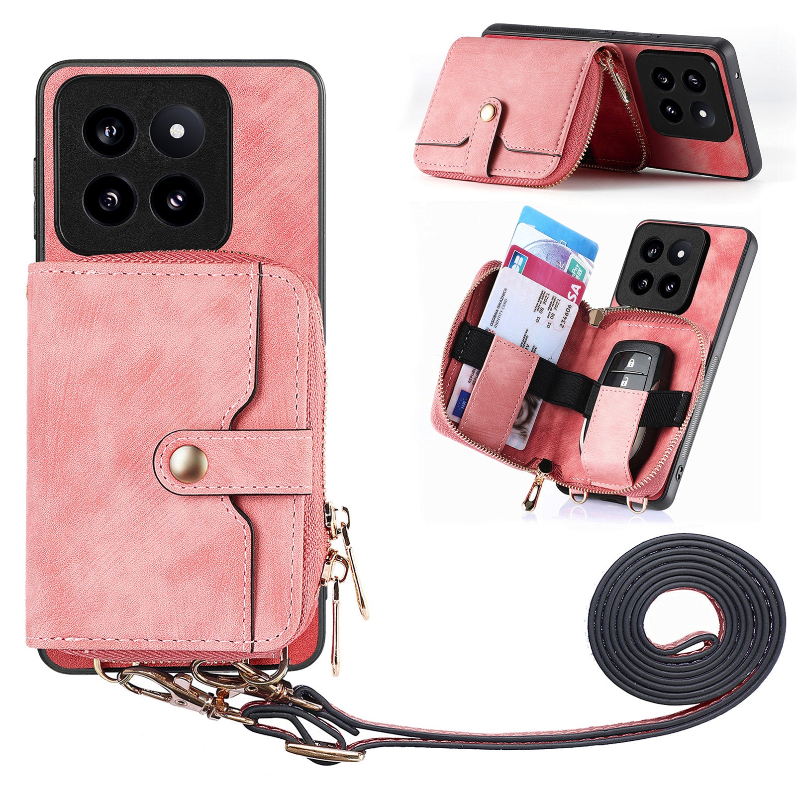 D3 for Xiaomi 14 Pro Case Wallet Kickstand Retro Leather+TPU+PC Phone Cover with Lanyard