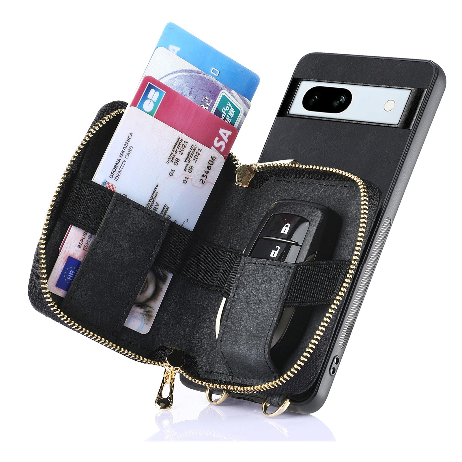 D3 for Google Pixel 7a Phone Case with Shoulder Strap Zipper Wallet Leather+PC+TPU Cover