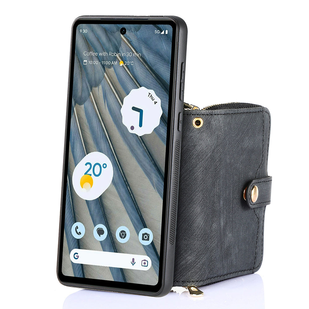 D3 for Google Pixel 7a Phone Case with Shoulder Strap Zipper Wallet Leather+PC+TPU Cover