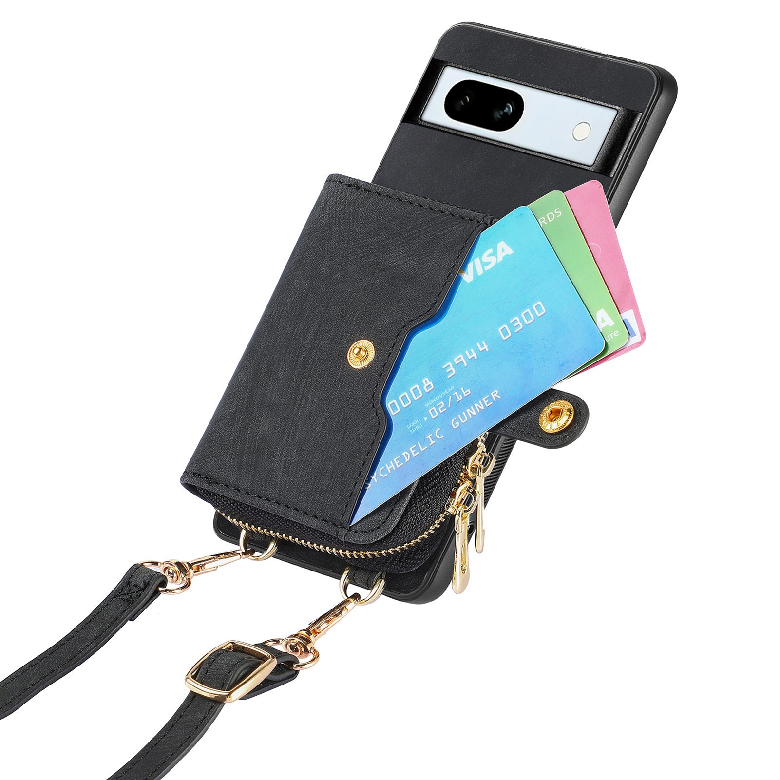 D3 for Google Pixel 7a Phone Case with Shoulder Strap Zipper Wallet Leather+PC+TPU Cover