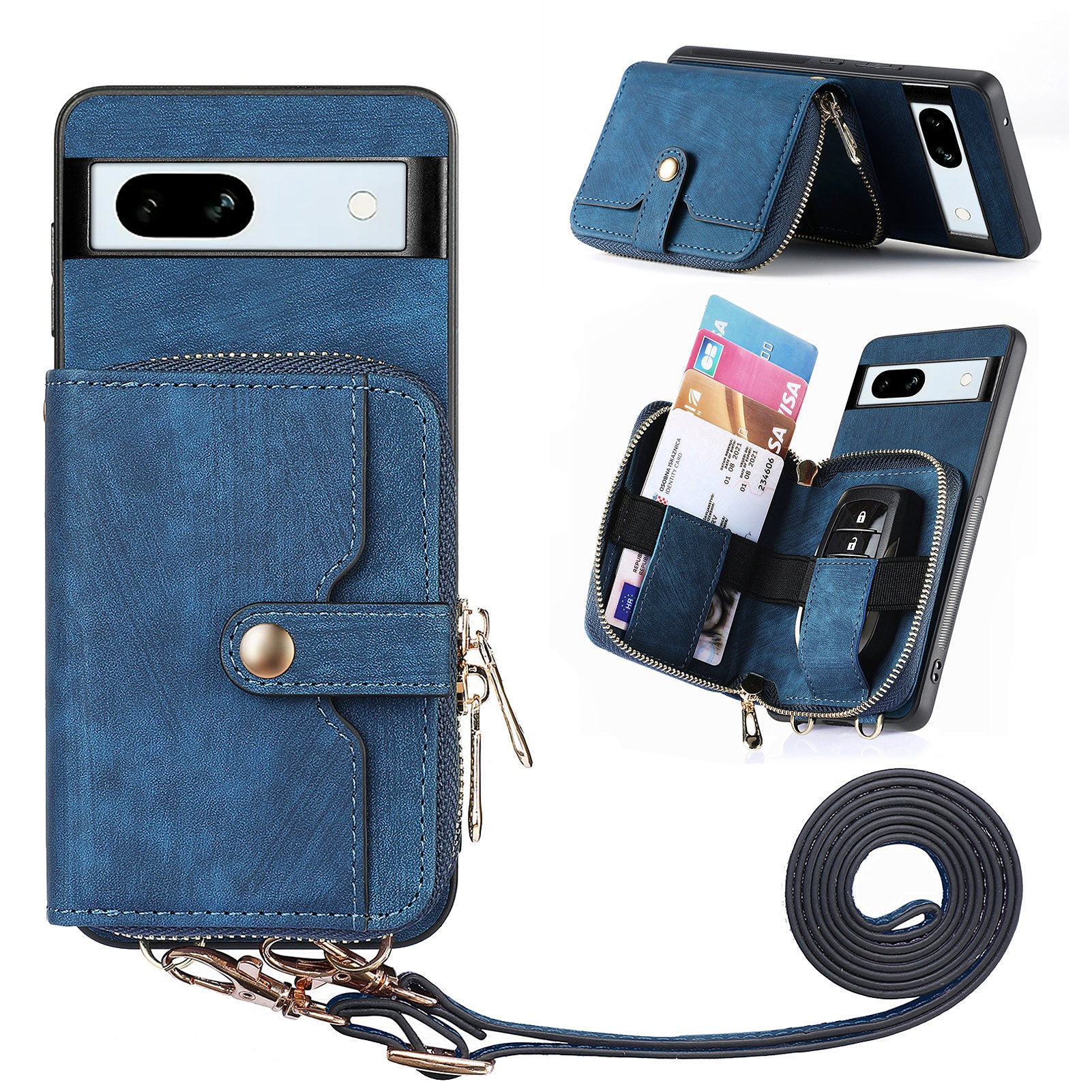 D3 for Google Pixel 7a Phone Case with Shoulder Strap Zipper Wallet Leather+PC+TPU Cover
