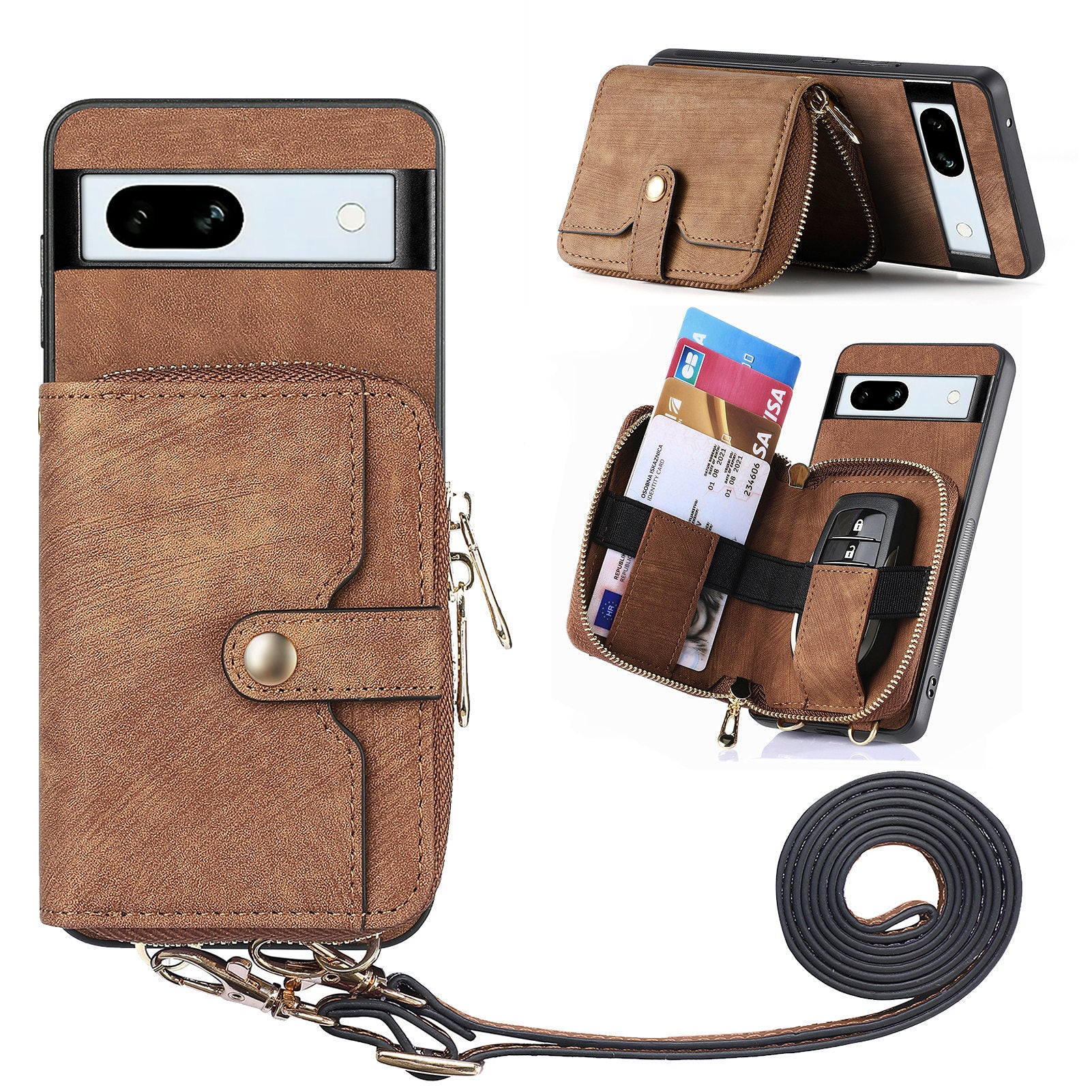 D3 for Google Pixel 7a Phone Case with Shoulder Strap Zipper Wallet Leather+PC+TPU Cover