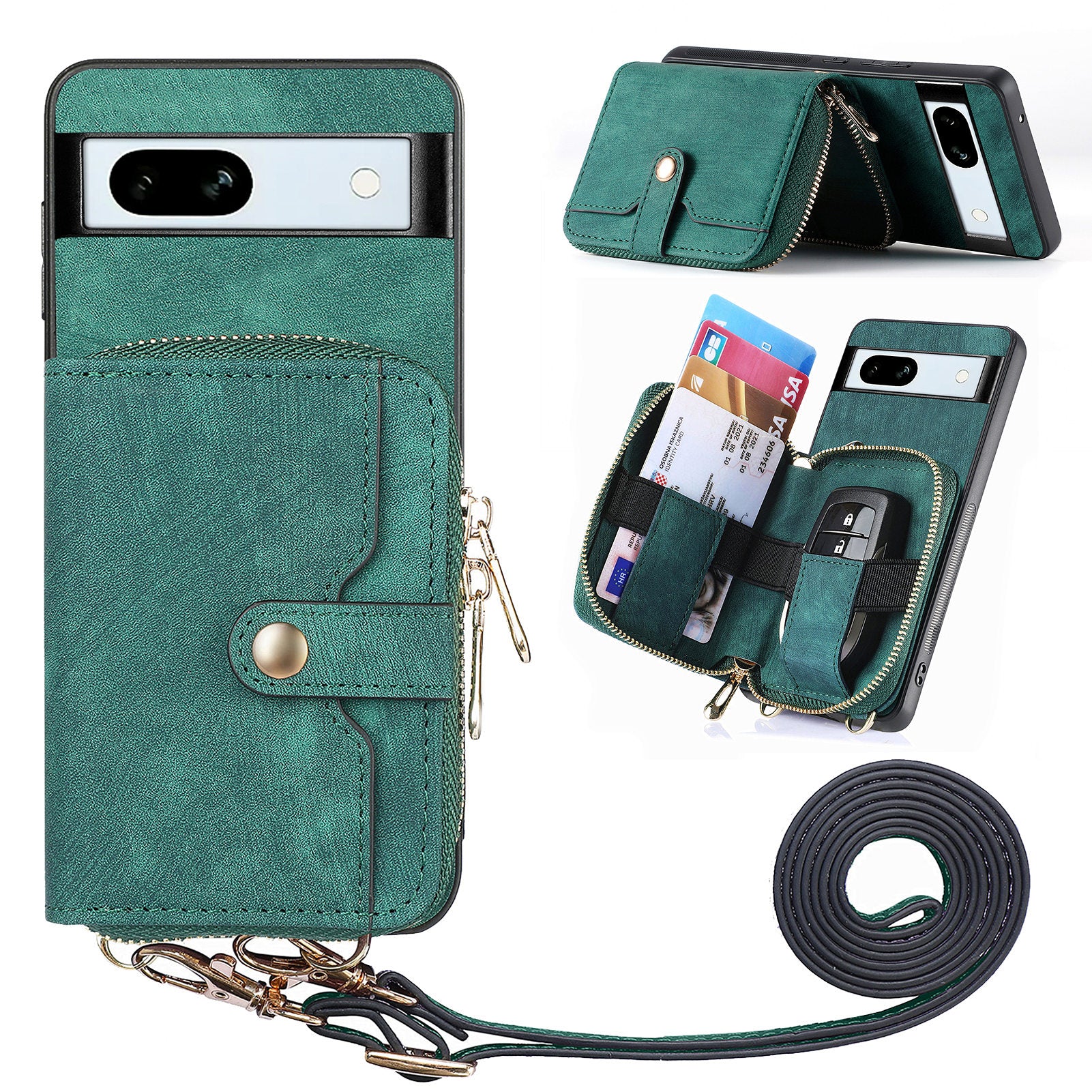 D3 for Google Pixel 7a Phone Case with Shoulder Strap Zipper Wallet Leather+PC+TPU Cover