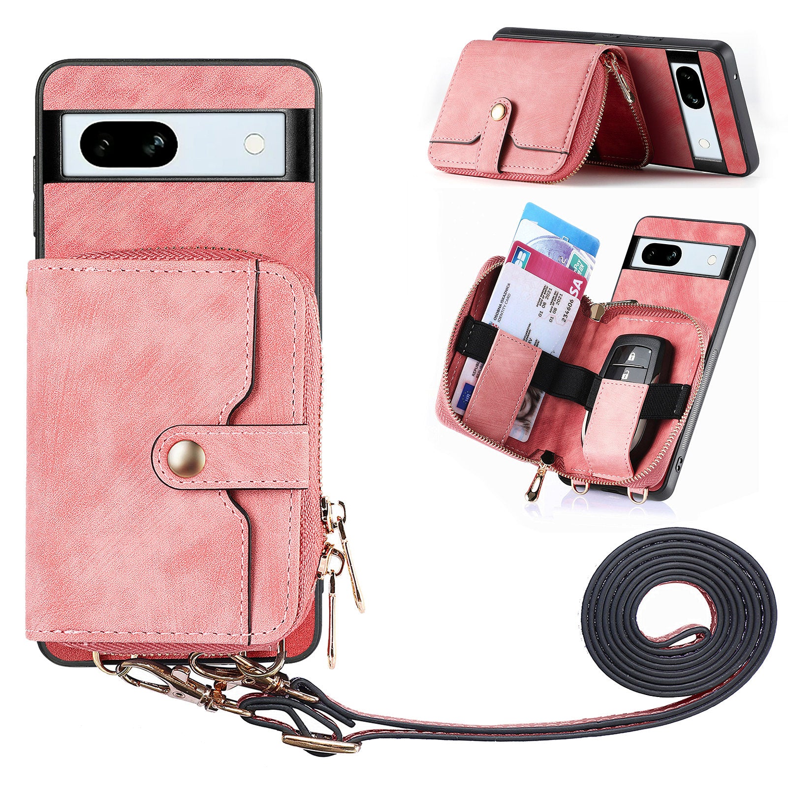 D3 for Google Pixel 7a Phone Case with Shoulder Strap Zipper Wallet Leather+PC+TPU Cover