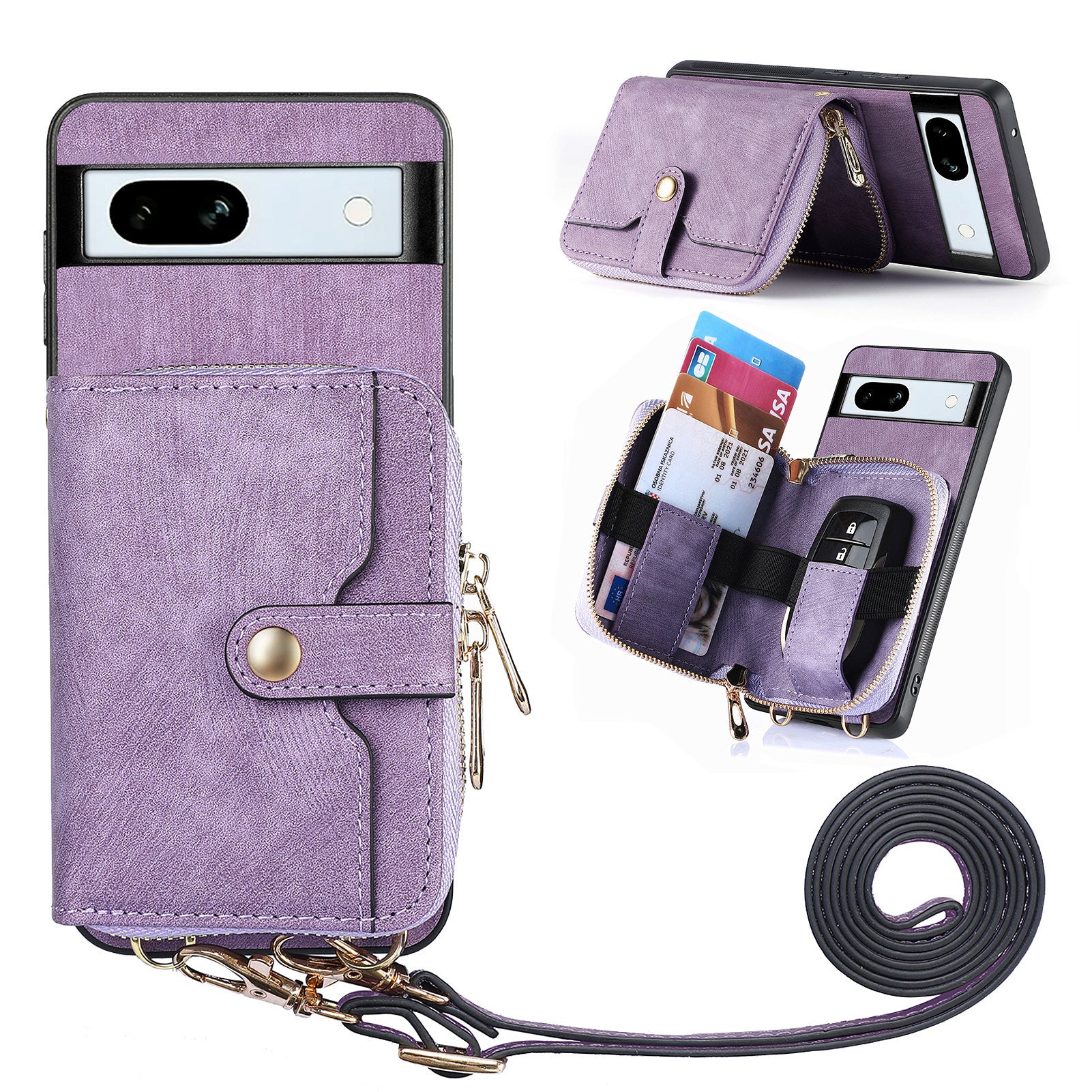 D3 for Google Pixel 7a Phone Case with Shoulder Strap Zipper Wallet Leather+PC+TPU Cover