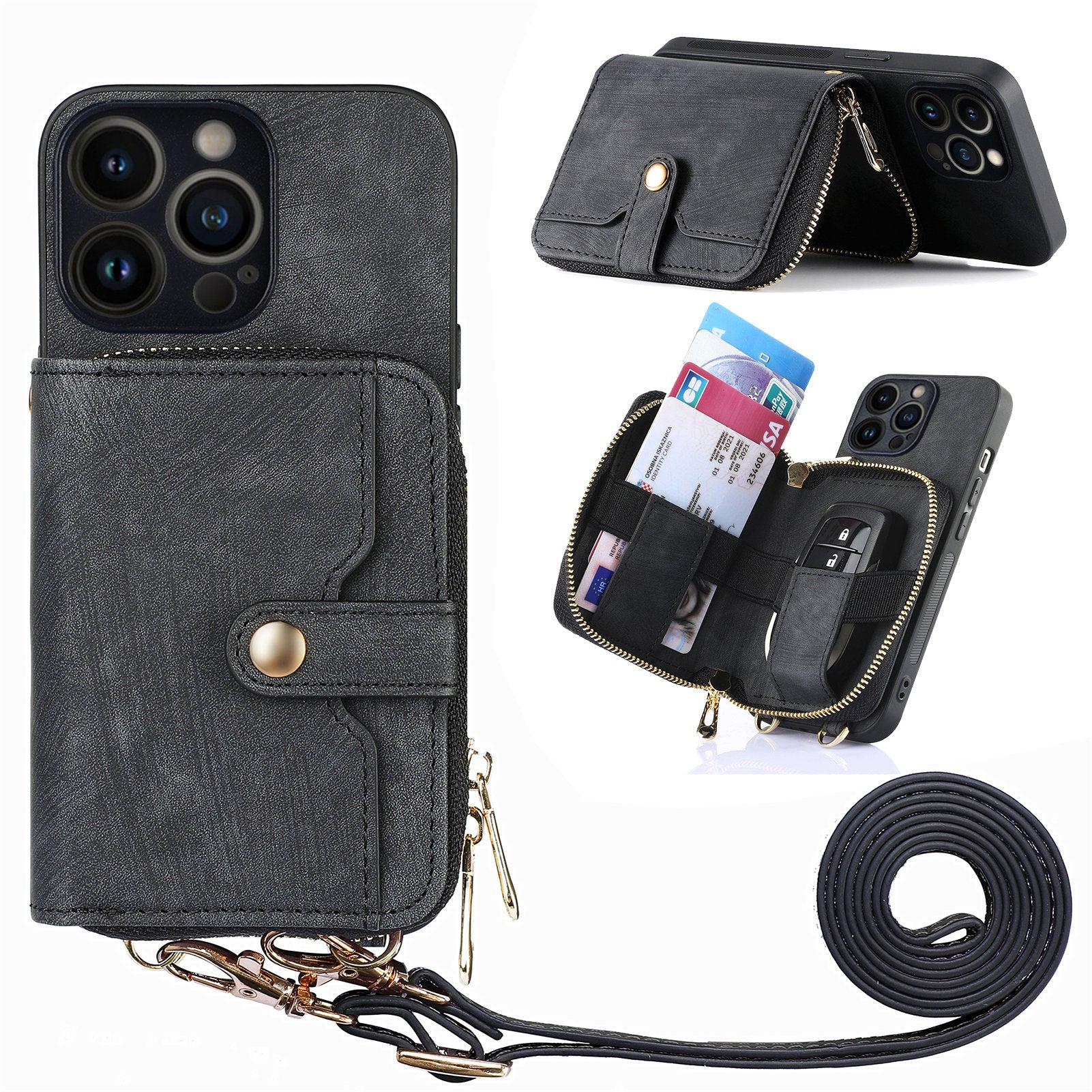 D3 For iPhone 13 Pro Max Case Zipper Wallet PU+TPU+PC Cover with Strap
