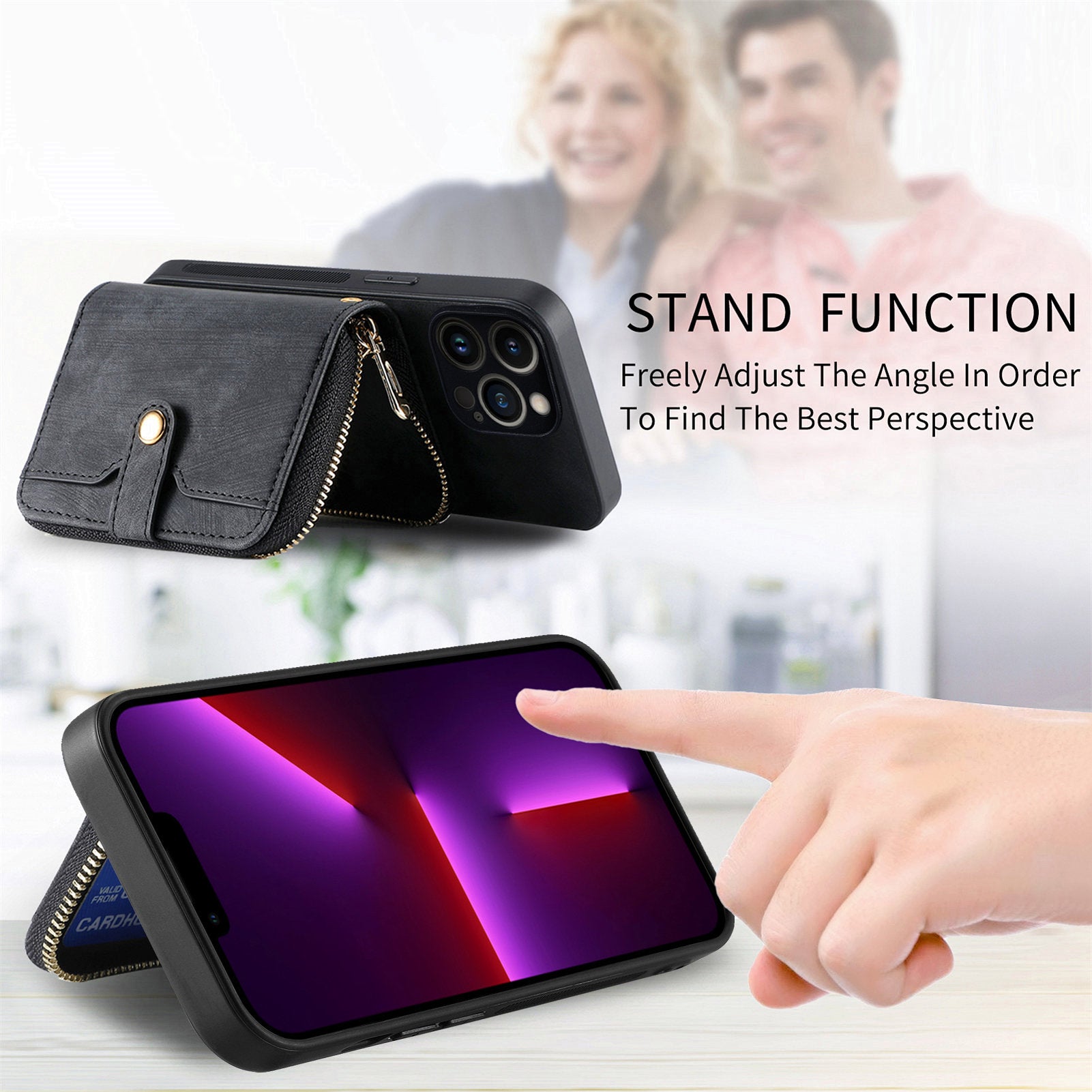 D3 For iPhone 13 Pro Max Case Zipper Wallet PU+TPU+PC Cover with Strap