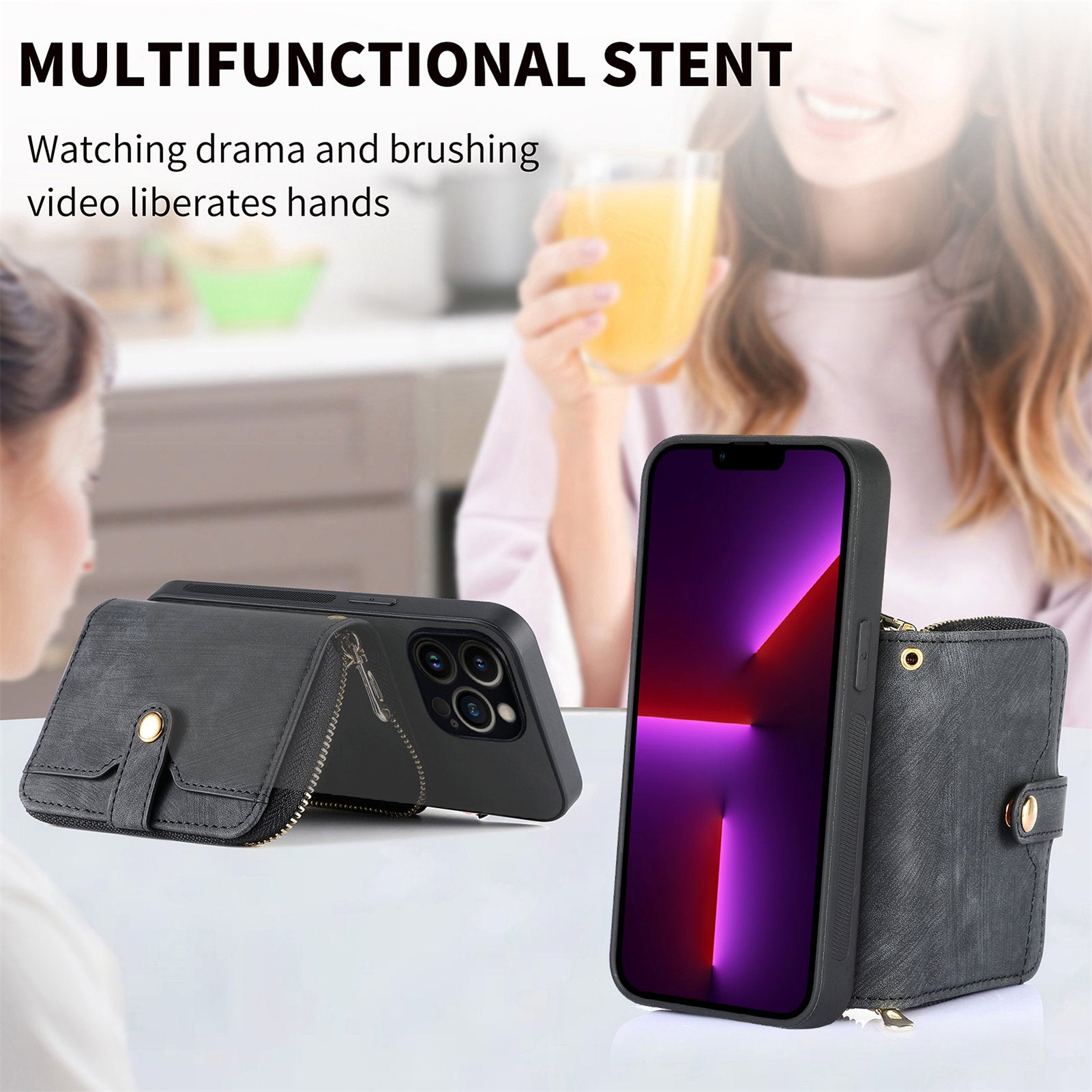 D3 For iPhone 13 Pro Max Case Zipper Wallet PU+TPU+PC Cover with Strap