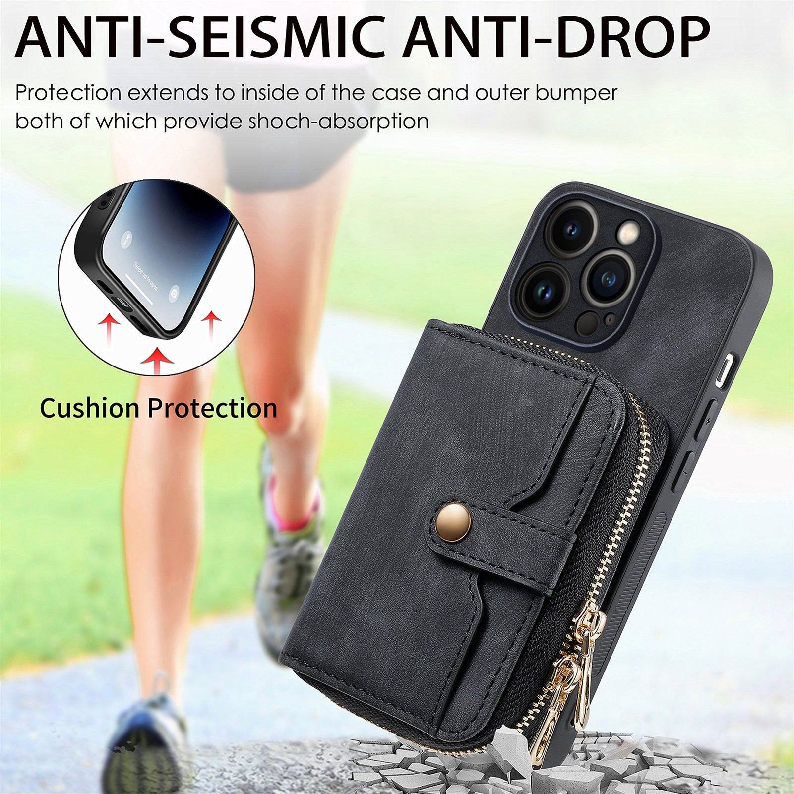 D3 For iPhone 13 Pro Max Case Zipper Wallet PU+TPU+PC Cover with Strap