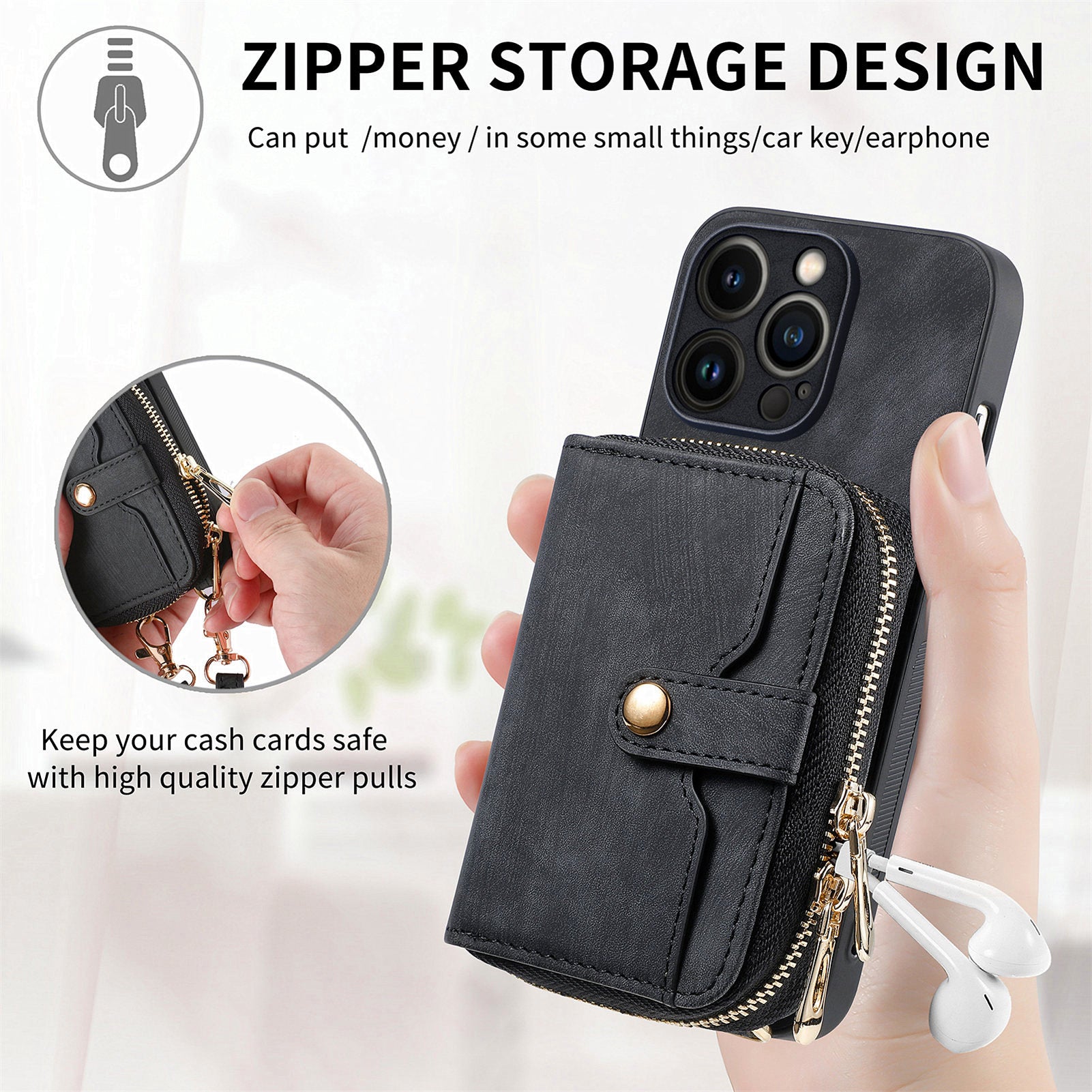 D3 For iPhone 13 Pro Max Case Zipper Wallet PU+TPU+PC Cover with Strap