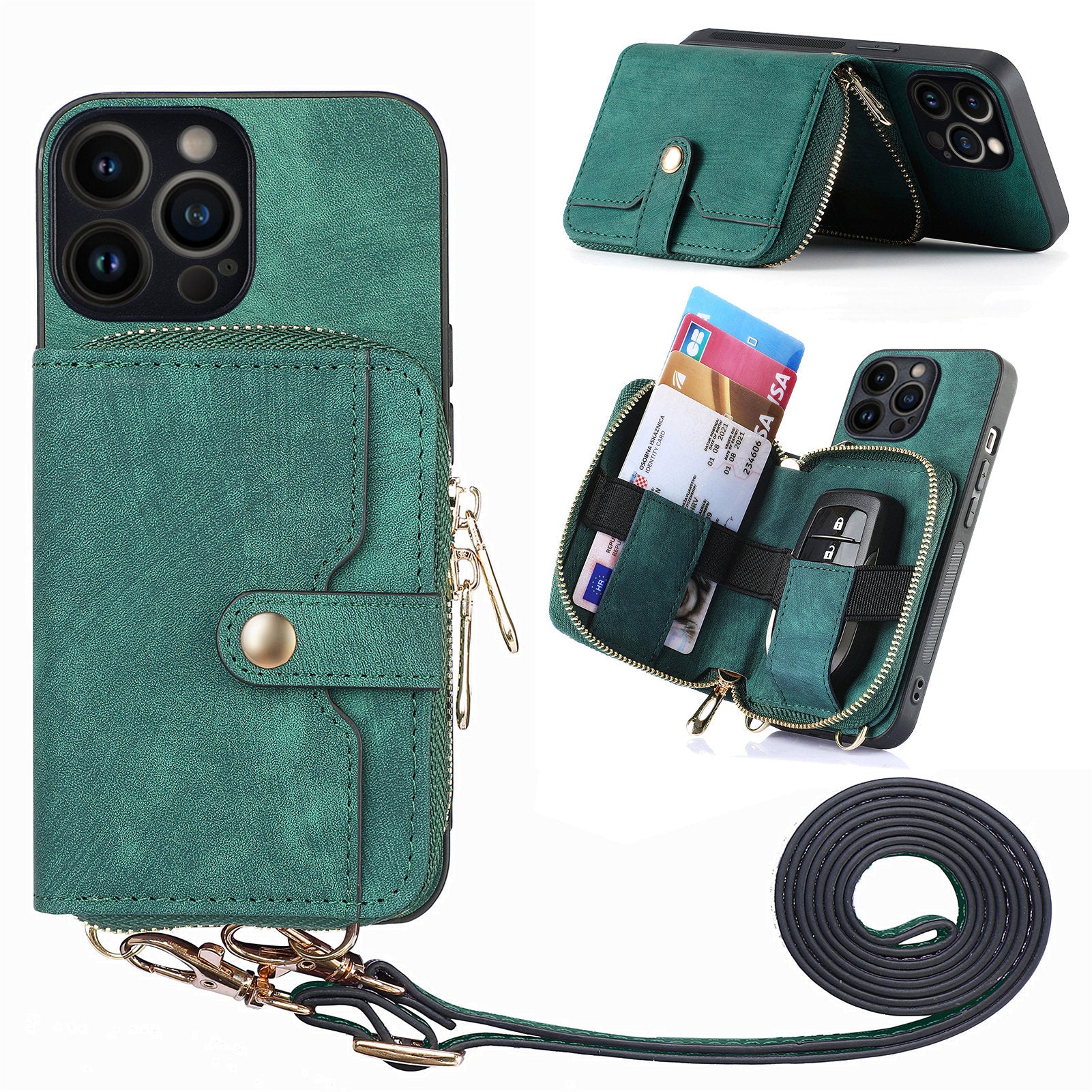 D3 For iPhone 13 Pro Max Case Zipper Wallet PU+TPU+PC Cover with Strap
