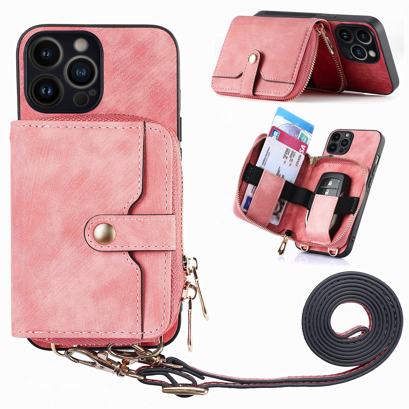 D3 For iPhone 13 Pro Max Case Zipper Wallet PU+TPU+PC Cover with Strap