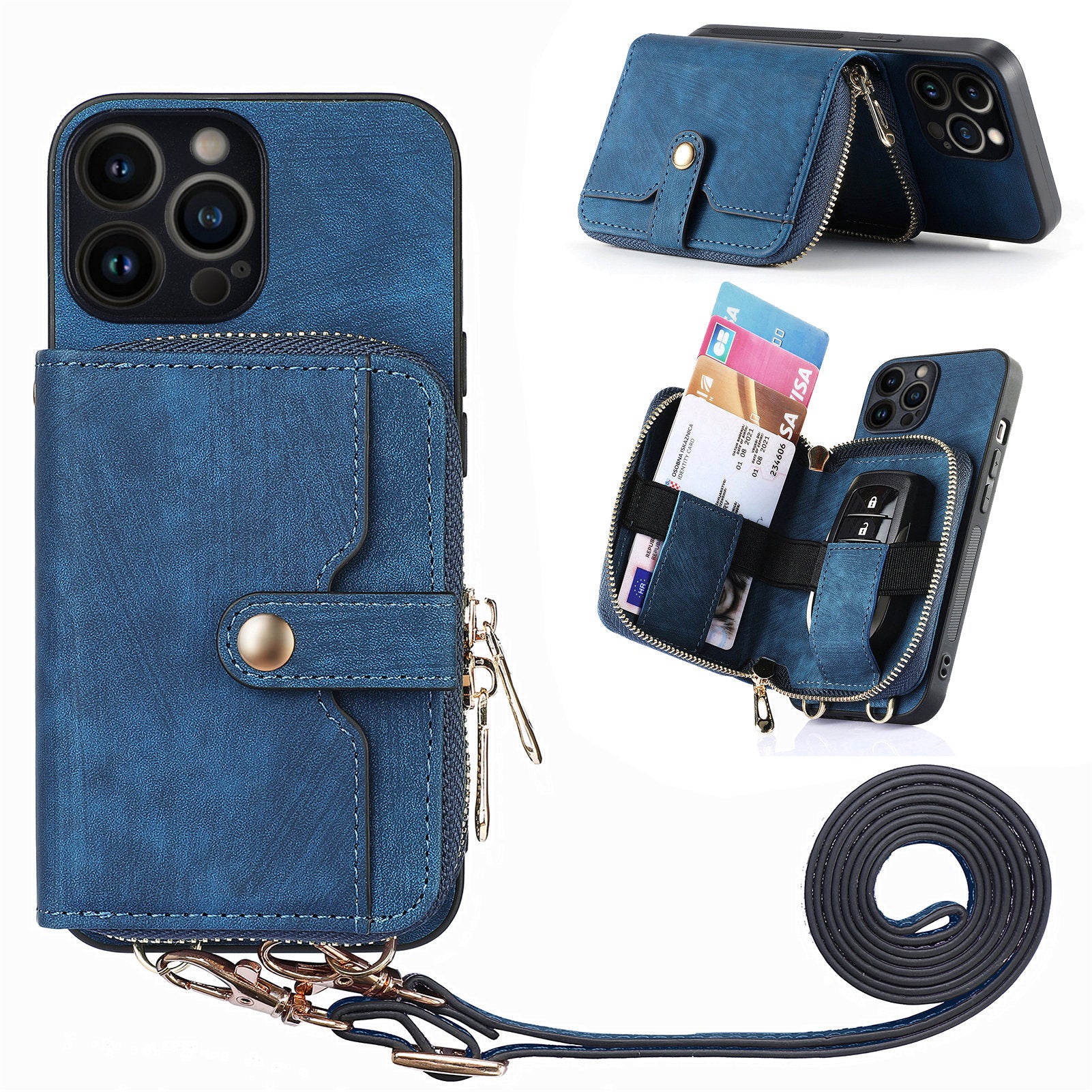 D3 for iPhone 13 Pro Case Zipper Pocket Leather Coated PC+TPU Kickstand Cover with Lanyard