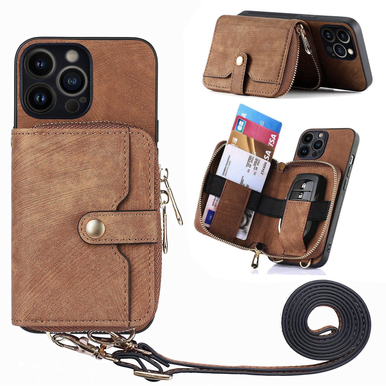 D3 for iPhone 13 Pro Case Zipper Pocket Leather Coated PC+TPU Kickstand Cover with Lanyard