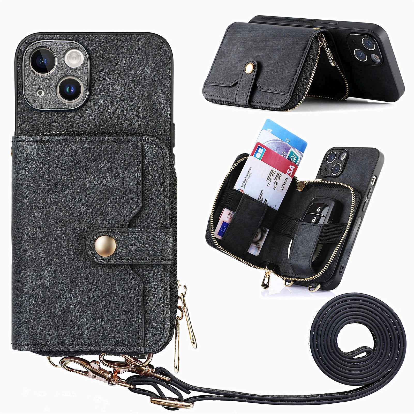 D3 For iPhone 13 Wallet Case Anti-Scratch PU+TPU+PC Phone Cover with Strap