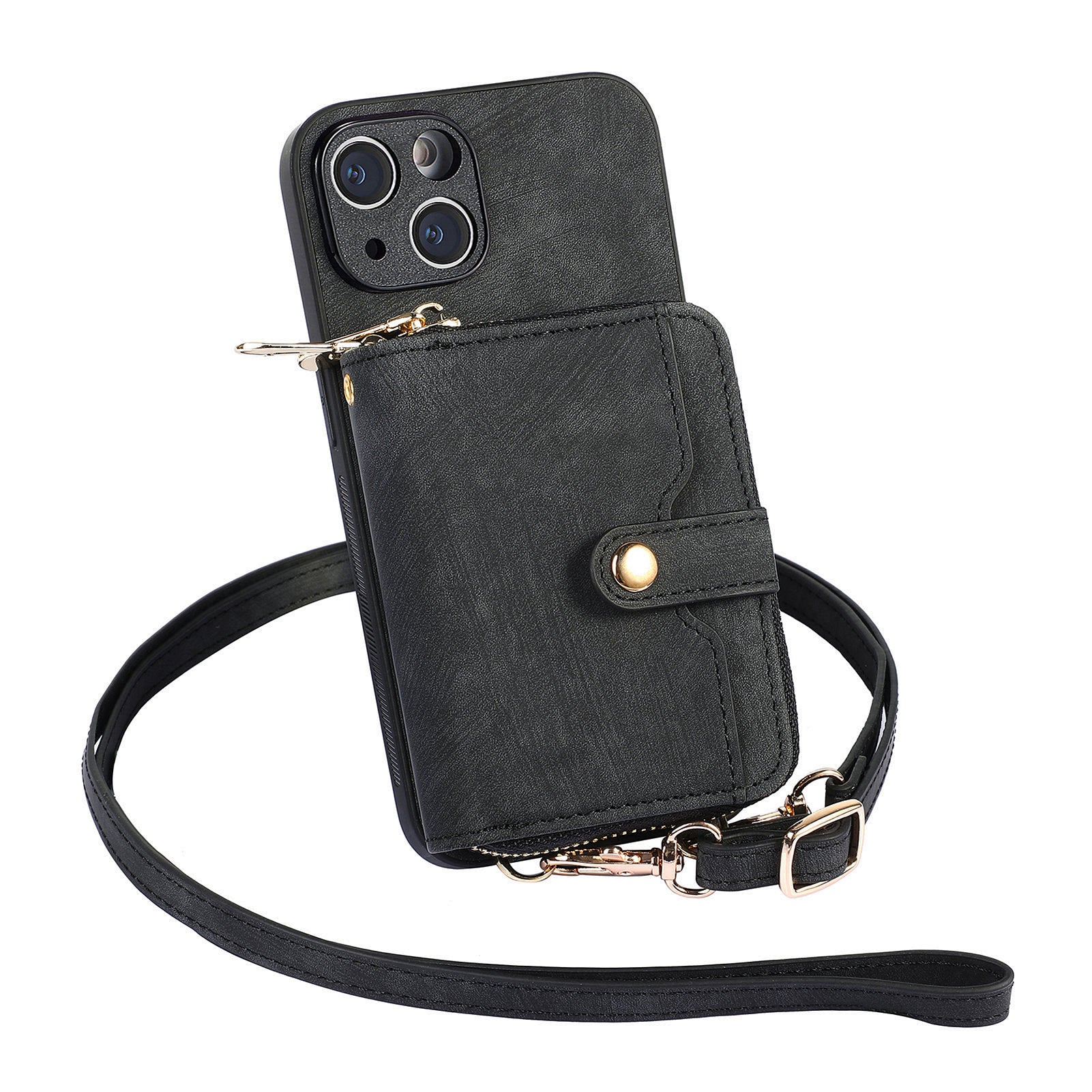D3 For iPhone 13 Wallet Case Anti-Scratch PU+TPU+PC Phone Cover with Strap