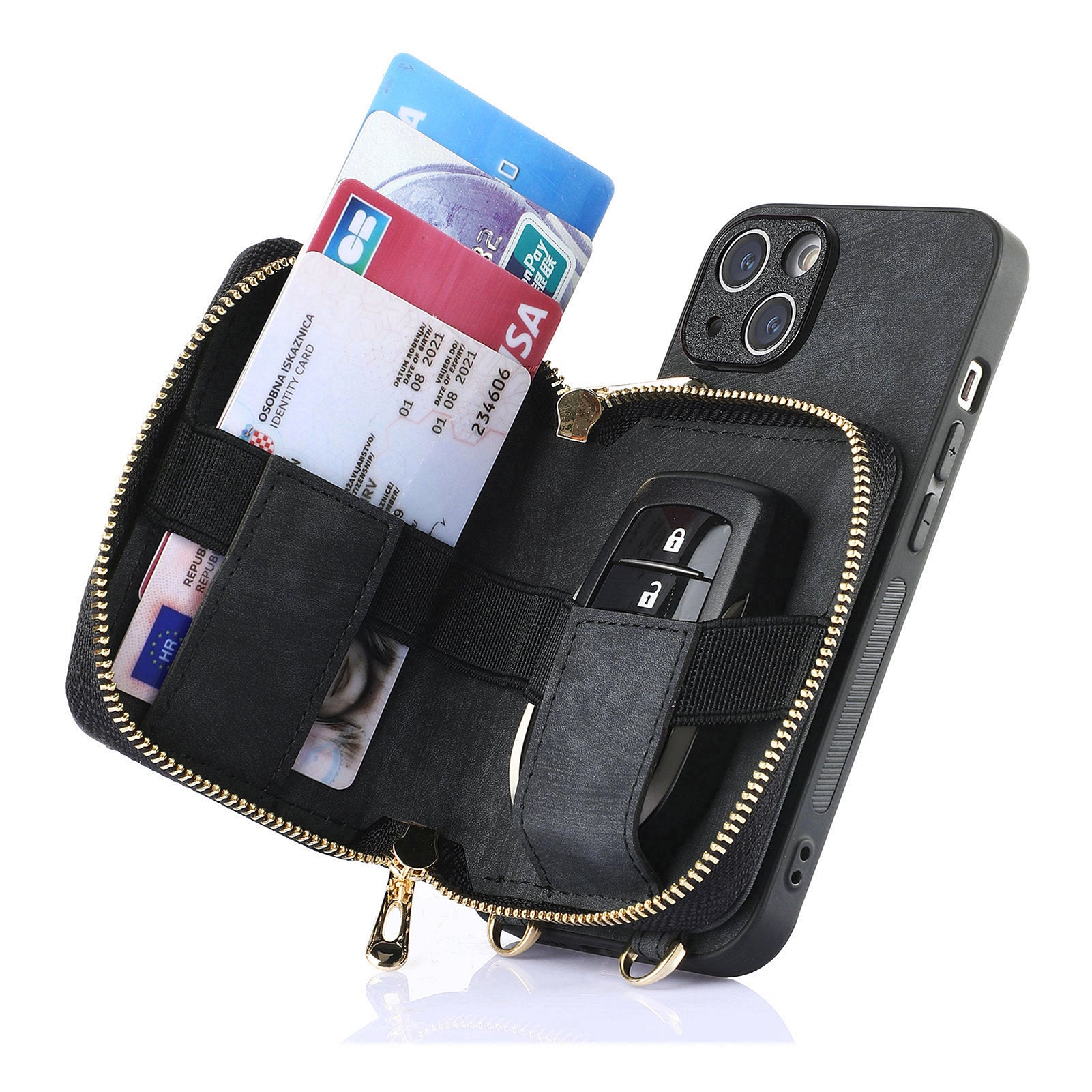 D3 For iPhone 13 Wallet Case Anti-Scratch PU+TPU+PC Phone Cover with Strap