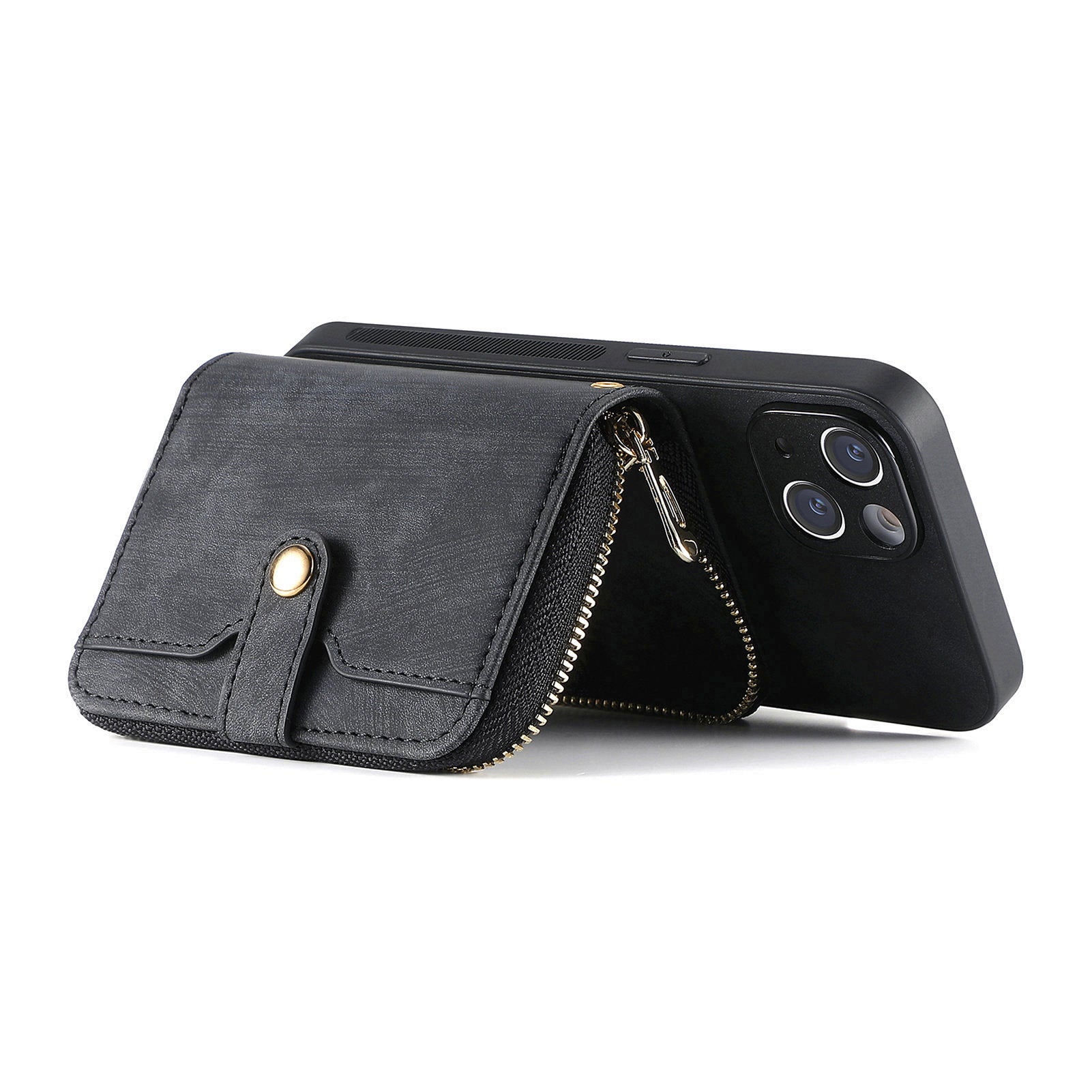 D3 For iPhone 13 Wallet Case Anti-Scratch PU+TPU+PC Phone Cover with Strap