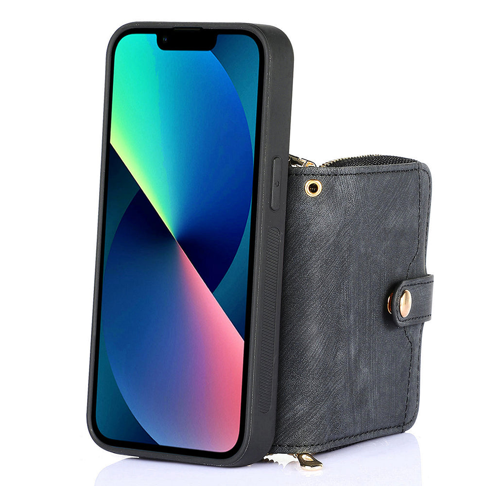 D3 For iPhone 13 Wallet Case Anti-Scratch PU+TPU+PC Phone Cover with Strap