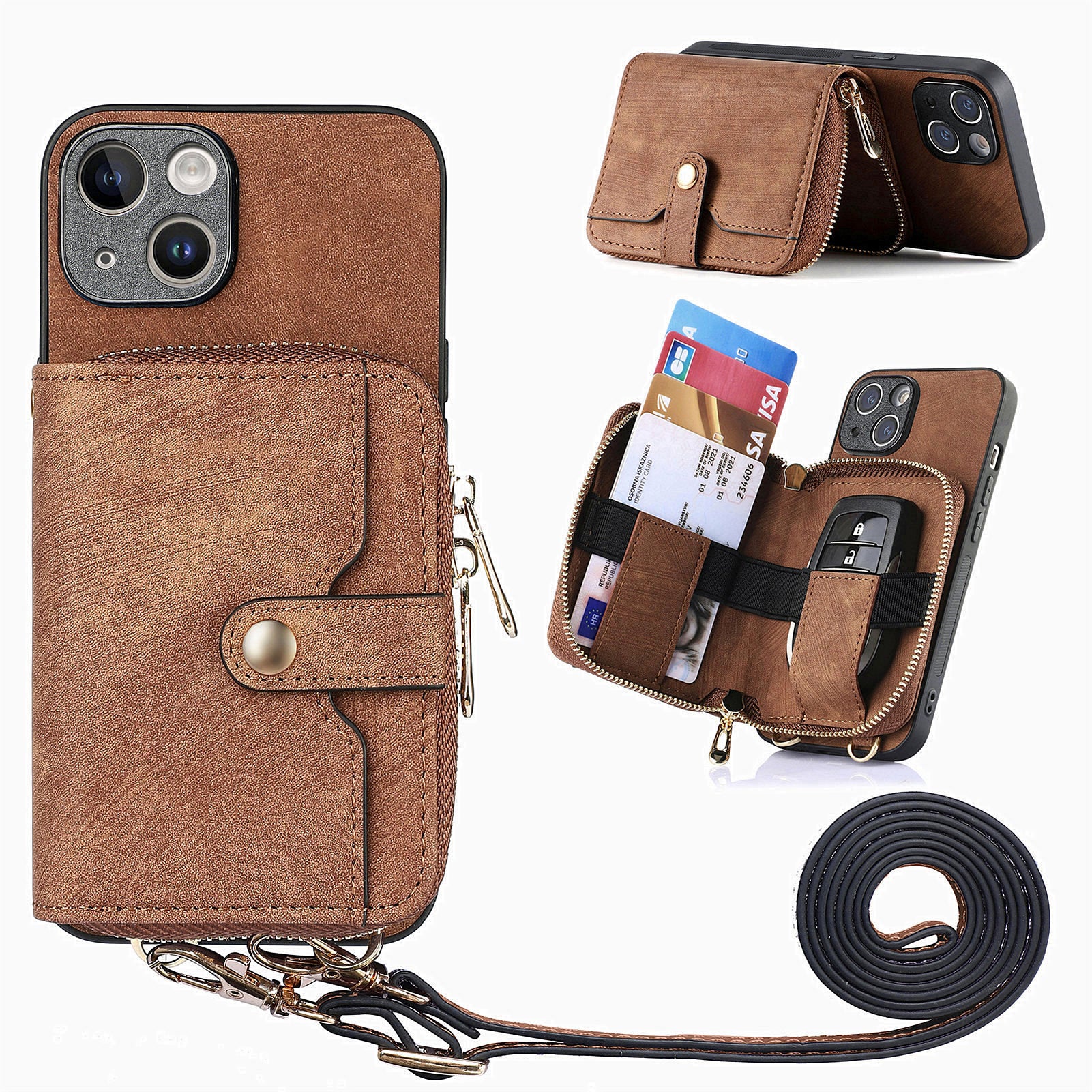 D3 For iPhone 13 Wallet Case Anti-Scratch PU+TPU+PC Phone Cover with Strap