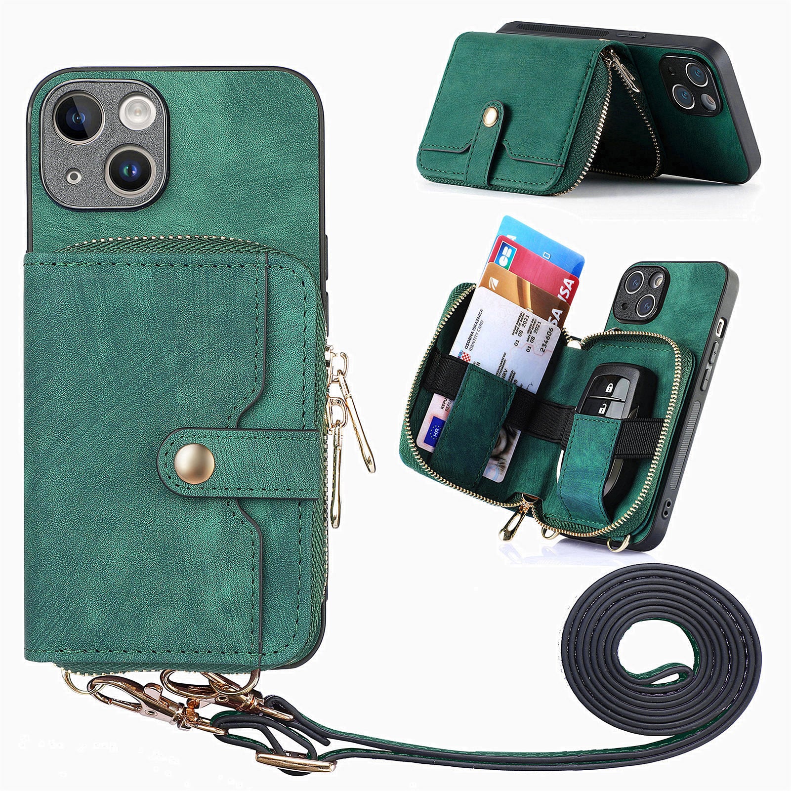 D3 For iPhone 13 Wallet Case Anti-Scratch PU+TPU+PC Phone Cover with Strap