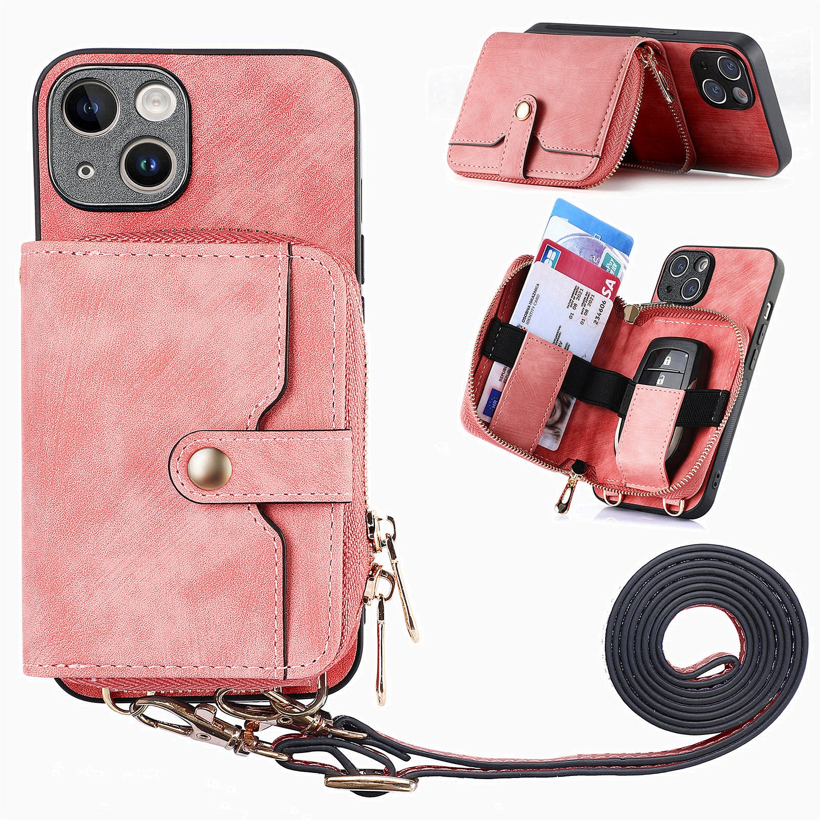 D3 For iPhone 13 Wallet Case Anti-Scratch PU+TPU+PC Phone Cover with Strap