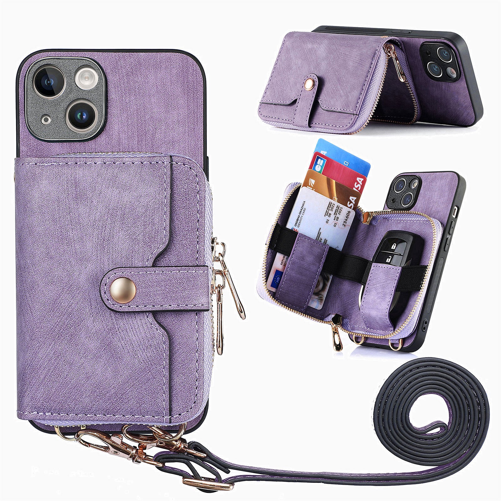D3 For iPhone 13 Wallet Case Anti-Scratch PU+TPU+PC Phone Cover with Strap