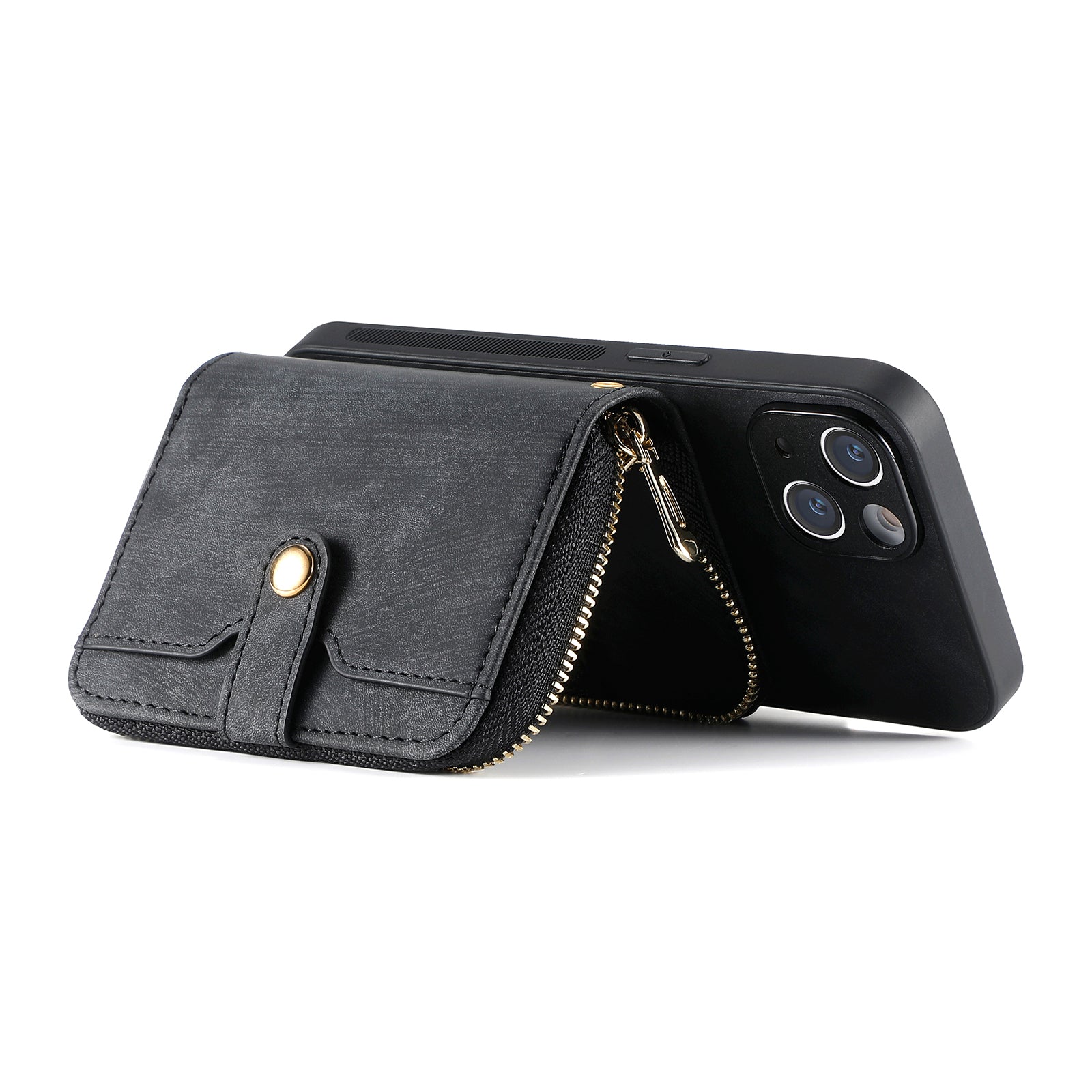 D3 for iPhone 14 Case Card Holder Slots Zipper Pocket Leather Back Cover with Lanyard