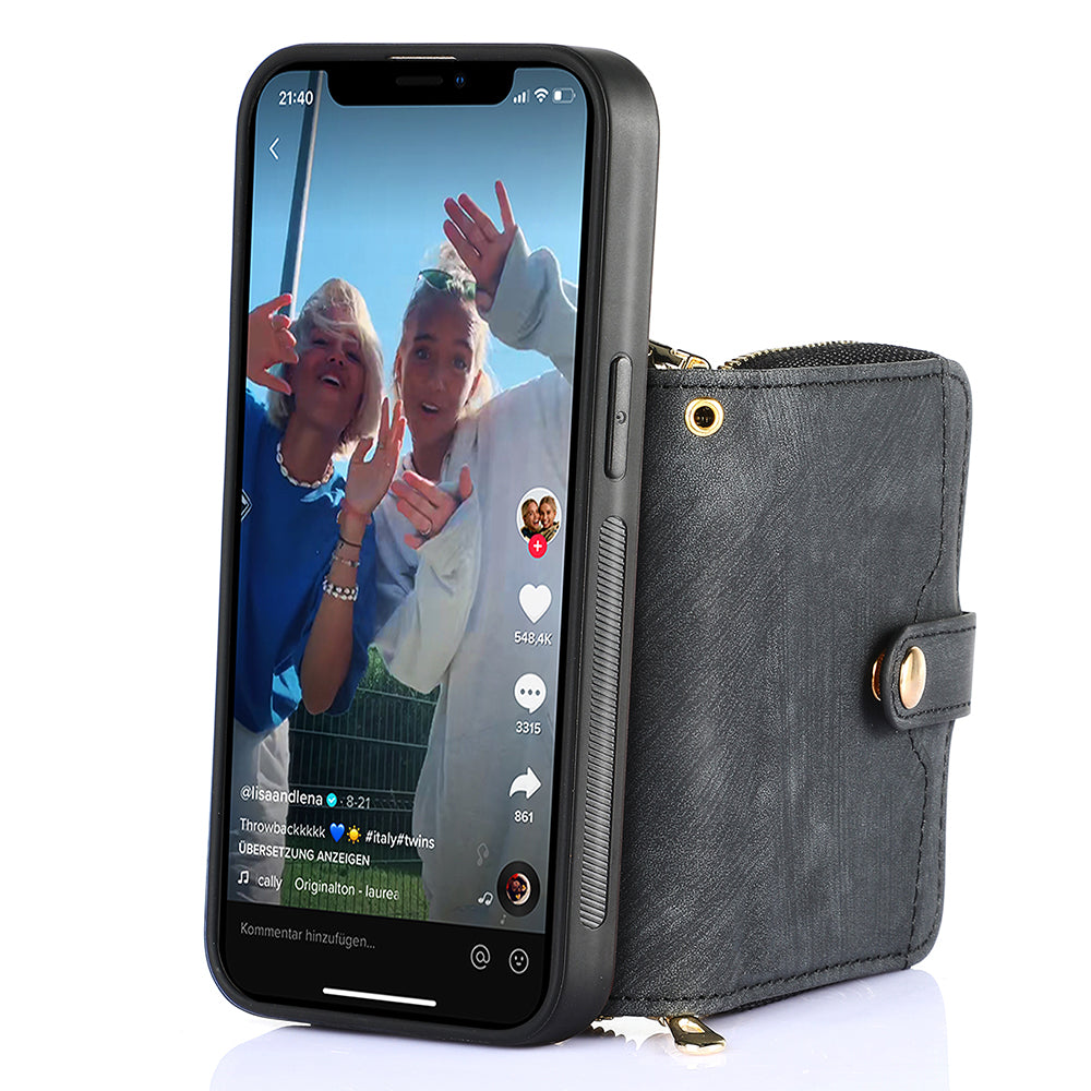 D3 for iPhone 14 Case Card Holder Slots Zipper Pocket Leather Back Cover with Lanyard