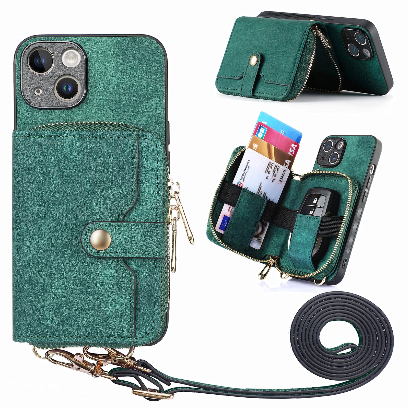 D3 for iPhone 14 Case Card Holder Slots Zipper Pocket Leather Back Cover with Lanyard