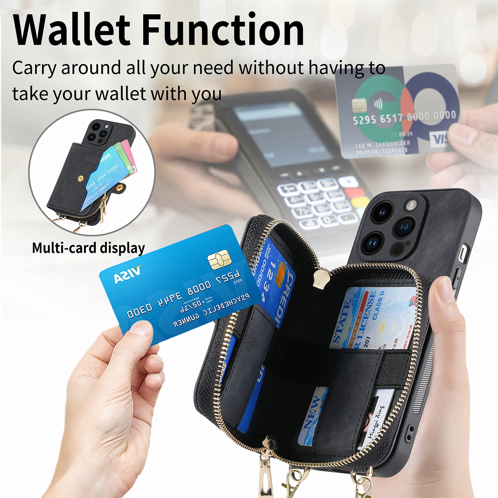 D3 for iPhone 14 Pro Case Zipper Pocket Leather+TPU+PC Crossbody Phone Cover