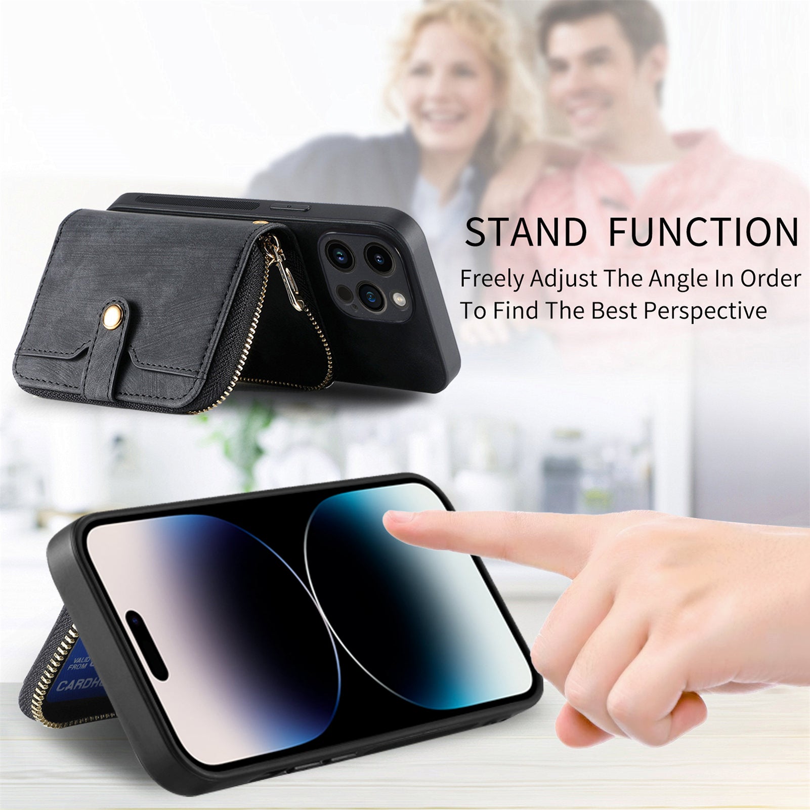 D3 for iPhone 14 Pro Case Zipper Pocket Leather+TPU+PC Crossbody Phone Cover