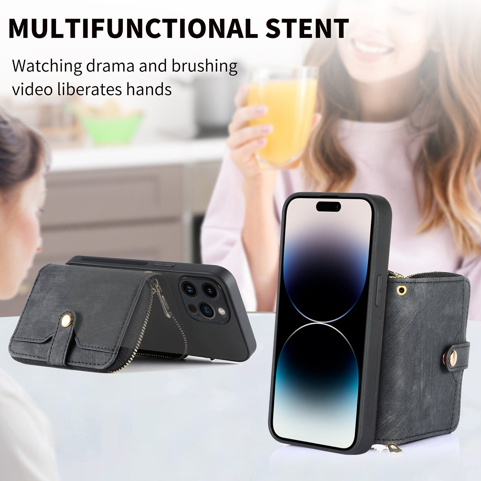 D3 for iPhone 14 Pro Case Zipper Pocket Leather+TPU+PC Crossbody Phone Cover