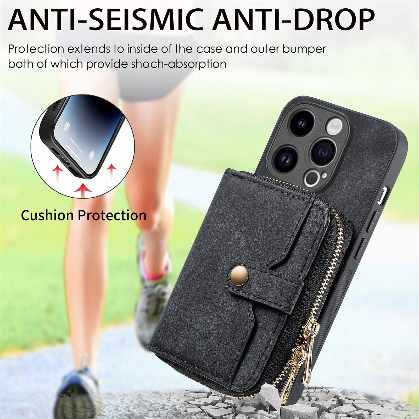 D3 for iPhone 14 Pro Case Zipper Pocket Leather+TPU+PC Crossbody Phone Cover