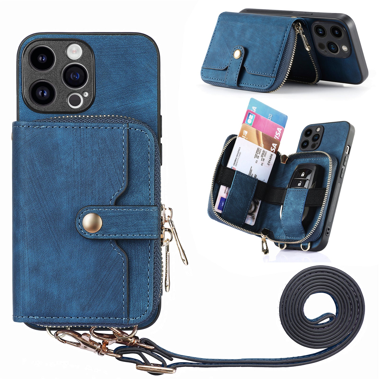 D3 for iPhone 14 Pro Case Zipper Pocket Leather+TPU+PC Crossbody Phone Cover