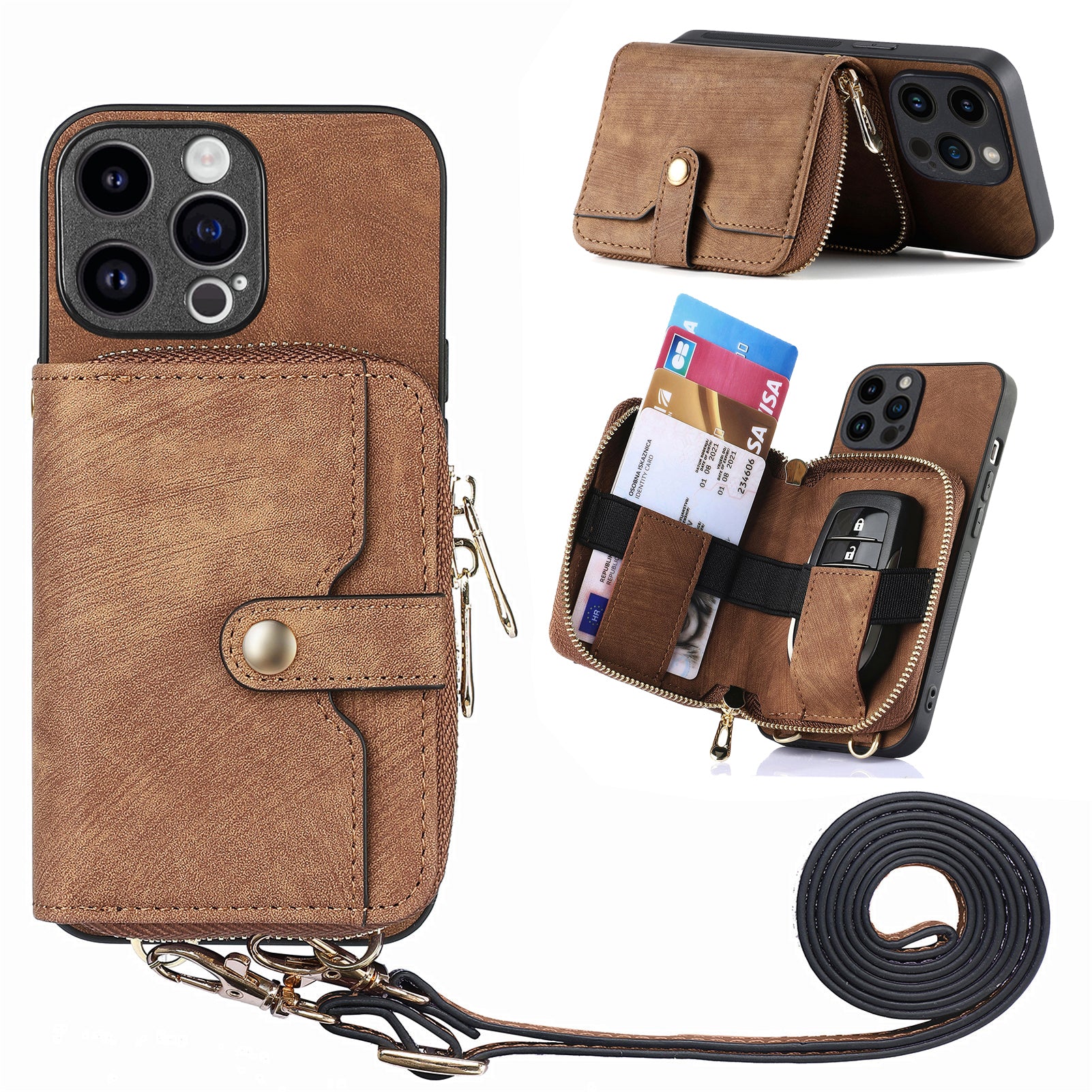 D3 for iPhone 14 Pro Case Zipper Pocket Leather+TPU+PC Crossbody Phone Cover