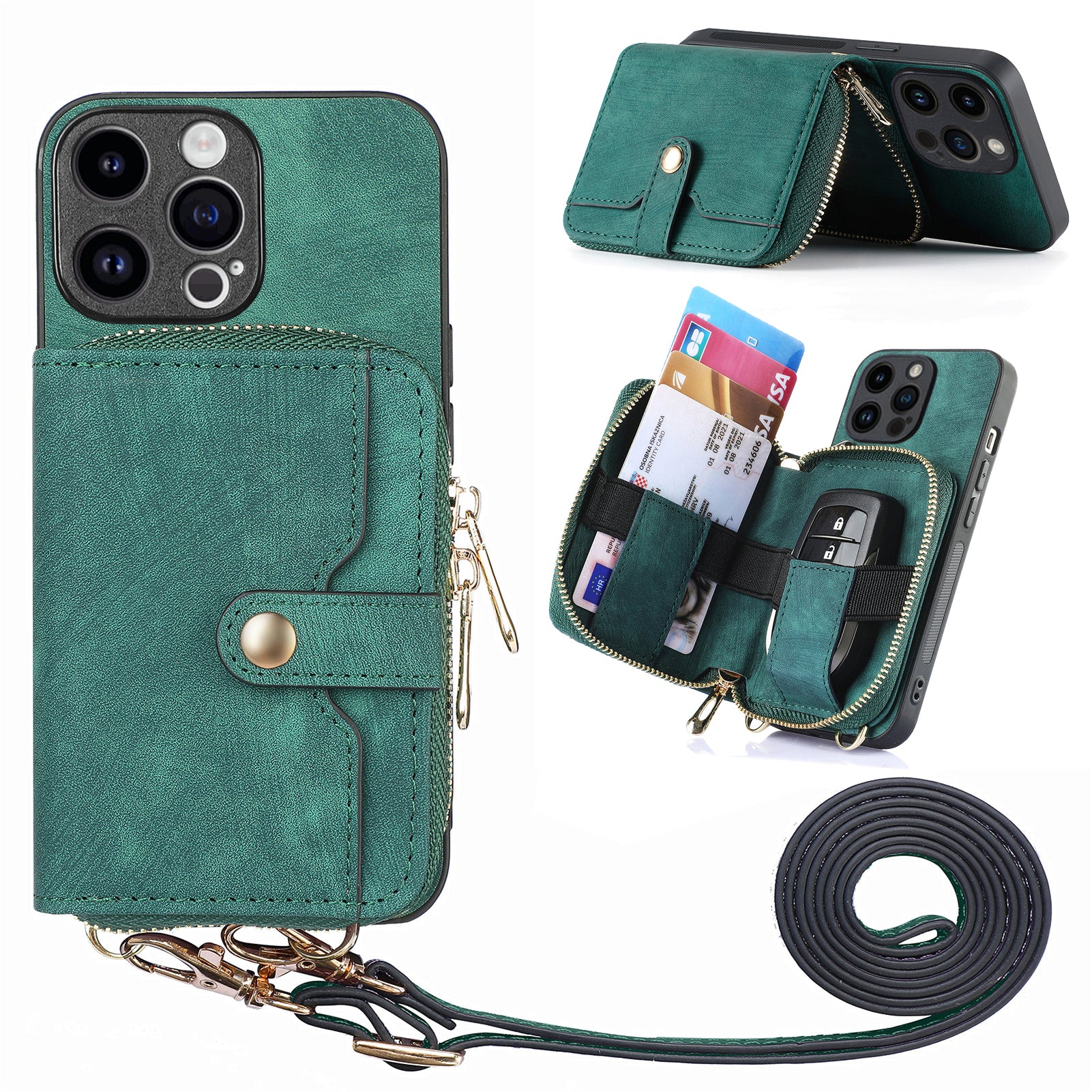 D3 for iPhone 14 Pro Case Zipper Pocket Leather+TPU+PC Crossbody Phone Cover