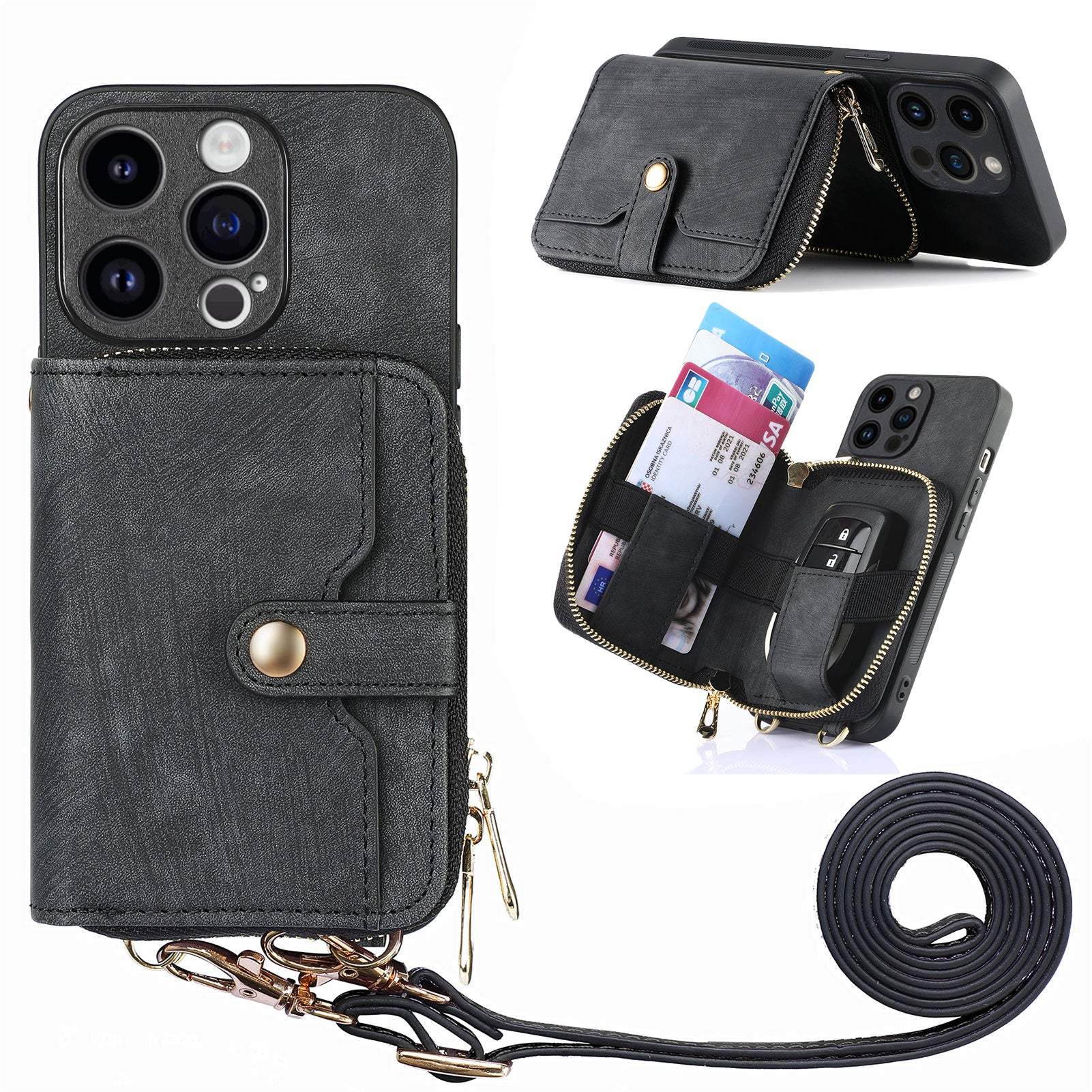 D3 For iPhone 15 Pro Max Zipper Wallet Case PU+TPU+PC Phone Shell with Strap
