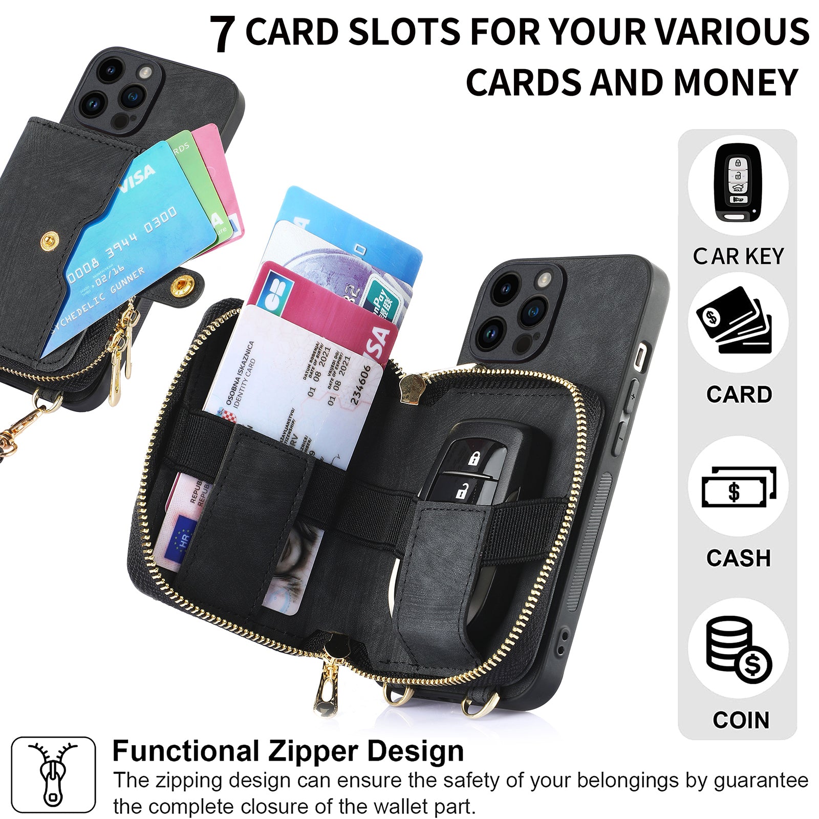 D3 For iPhone 15 Pro Max Zipper Wallet Case PU+TPU+PC Phone Shell with Strap