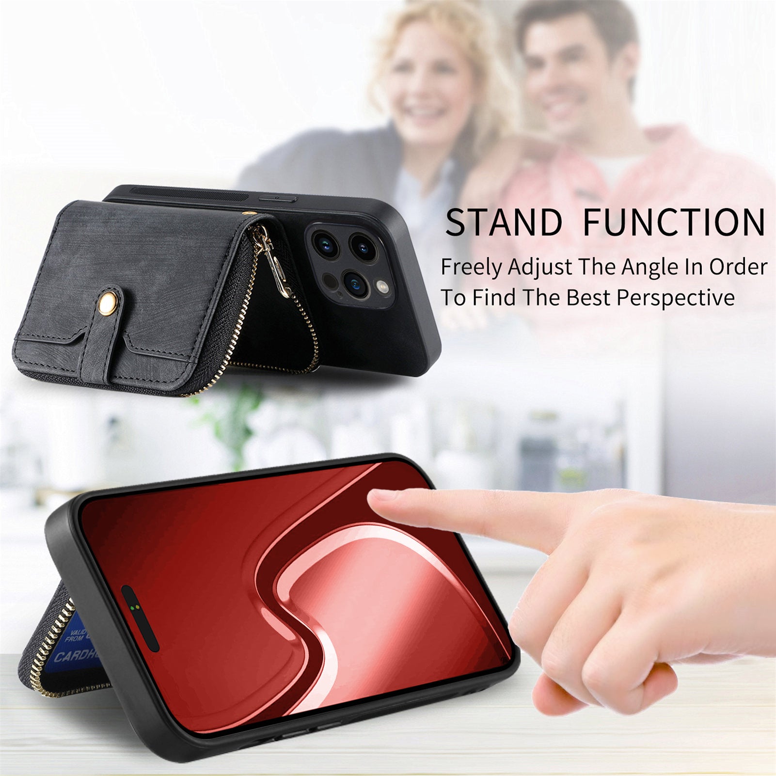 D3 For iPhone 15 Pro Max Zipper Wallet Case PU+TPU+PC Phone Shell with Strap