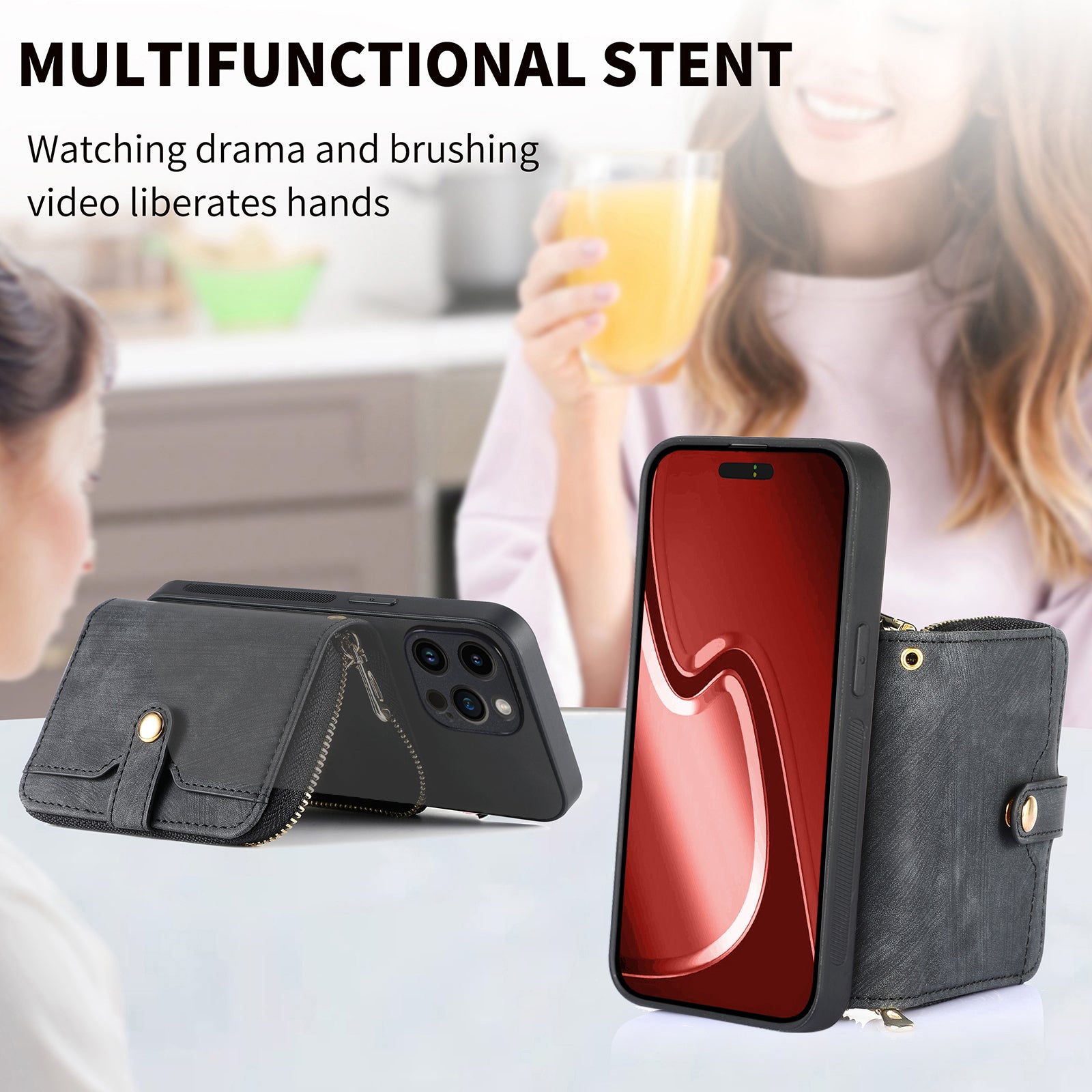 D3 For iPhone 15 Pro Max Zipper Wallet Case PU+TPU+PC Phone Shell with Strap