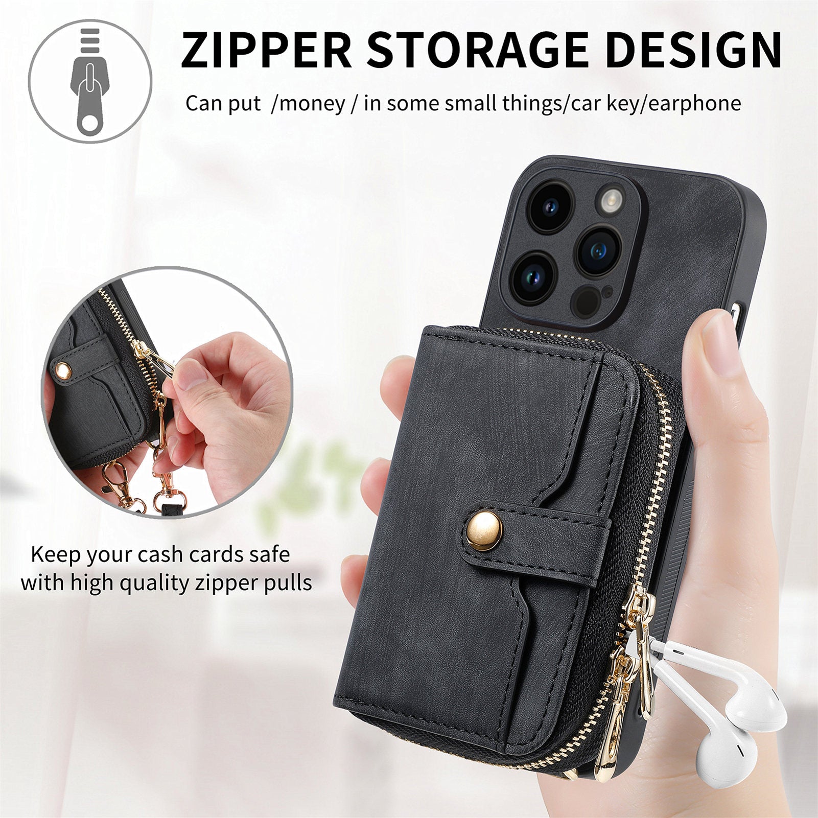 D3 For iPhone 15 Pro Max Zipper Wallet Case PU+TPU+PC Phone Shell with Strap