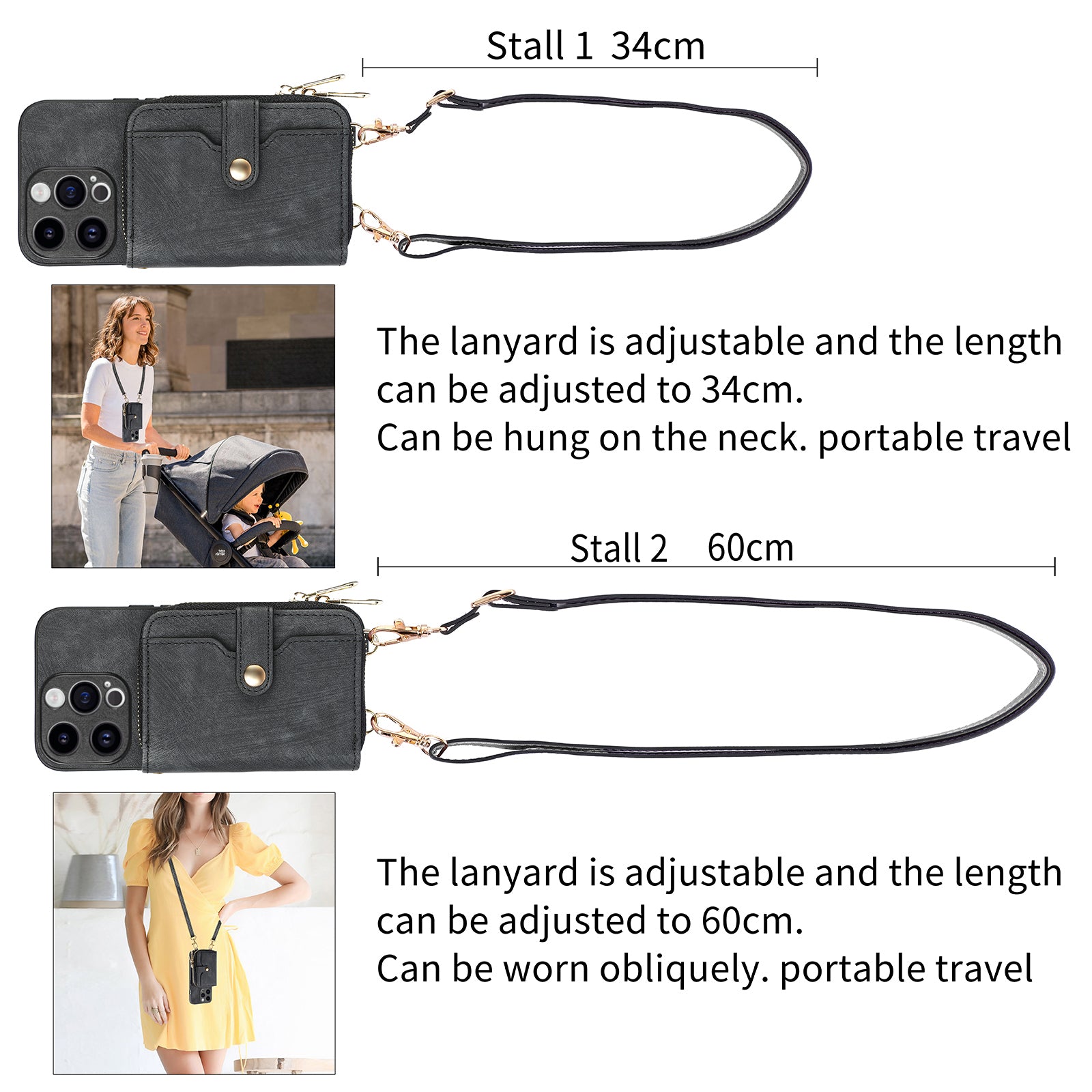 D3 For iPhone 15 Pro Max Zipper Wallet Case PU+TPU+PC Phone Shell with Strap