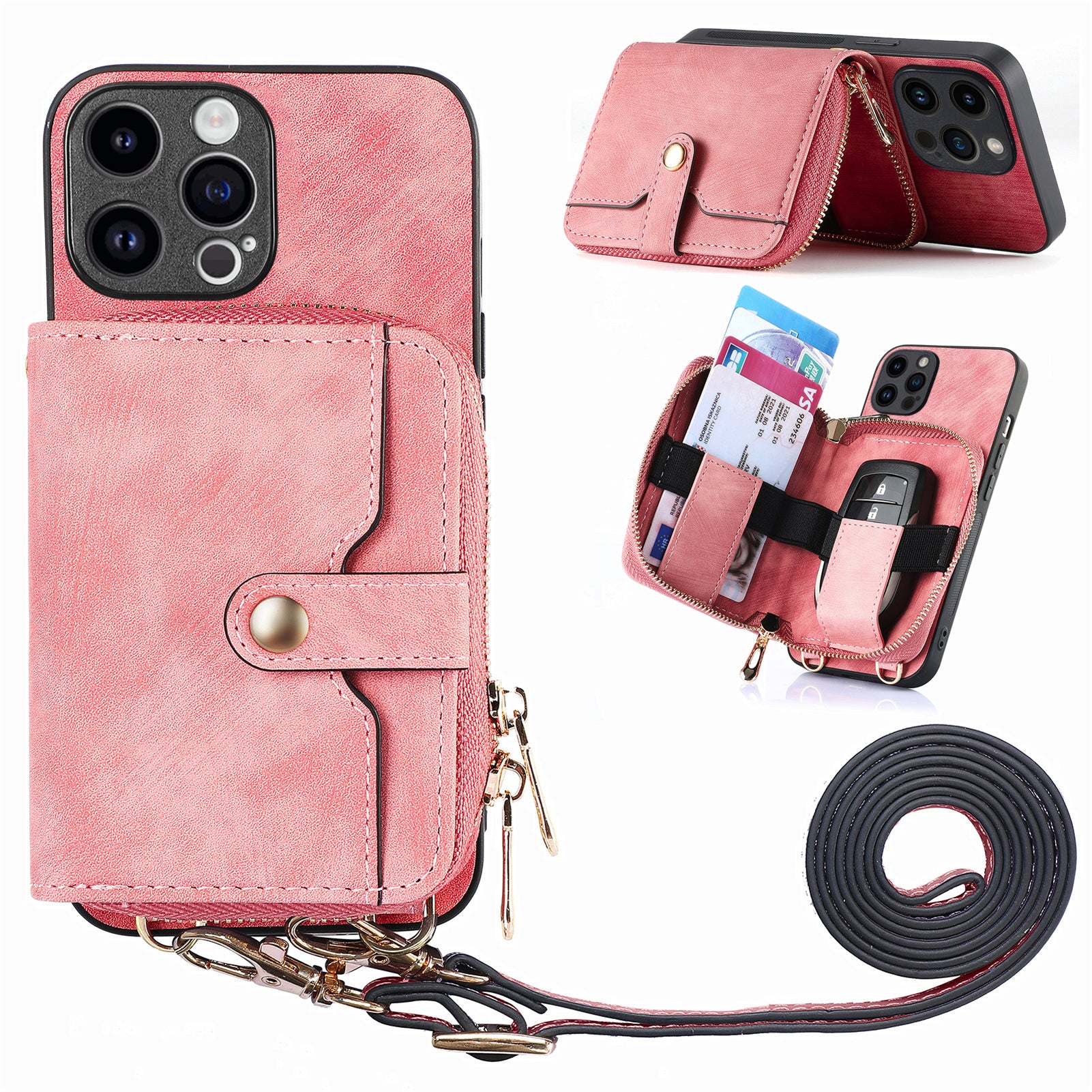 D3 For iPhone 15 Pro Max Zipper Wallet Case PU+TPU+PC Phone Shell with Strap