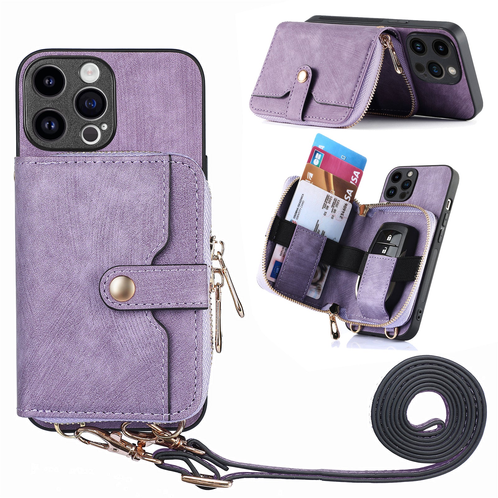 D3 For iPhone 15 Pro Max Zipper Wallet Case PU+TPU+PC Phone Shell with Strap