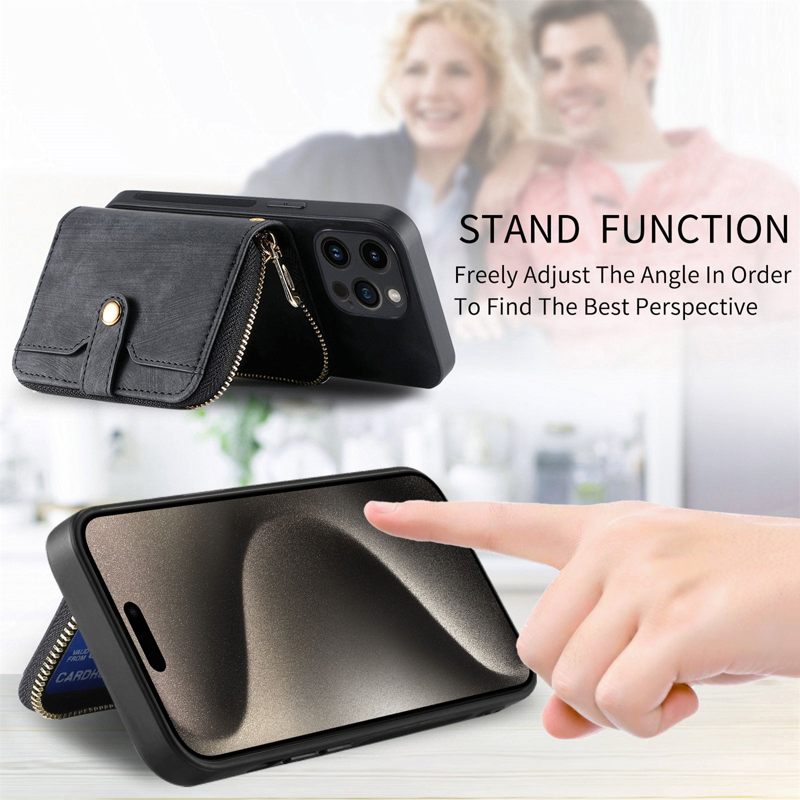 D3 For iPhone 15 Pro Case Retro Zipper Wallet Kickstand Back Shell with Shoulder Strap
