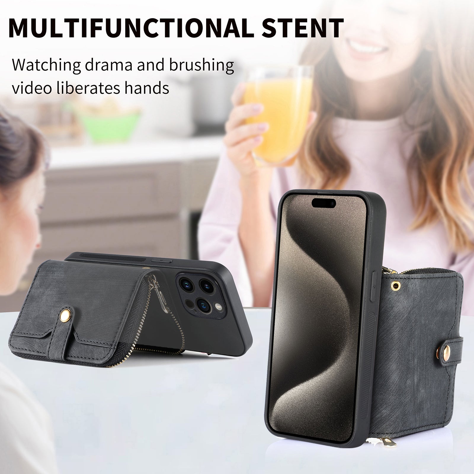 D3 For iPhone 15 Pro Case Retro Zipper Wallet Kickstand Back Shell with Shoulder Strap