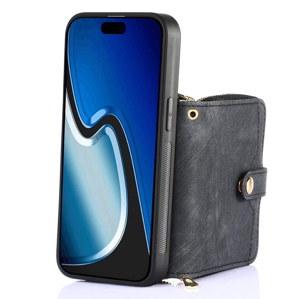 D3 for iPhone 15 Plus Crossbody Case Card Holder Kickstand Leather+PC+TPU Phone Cover
