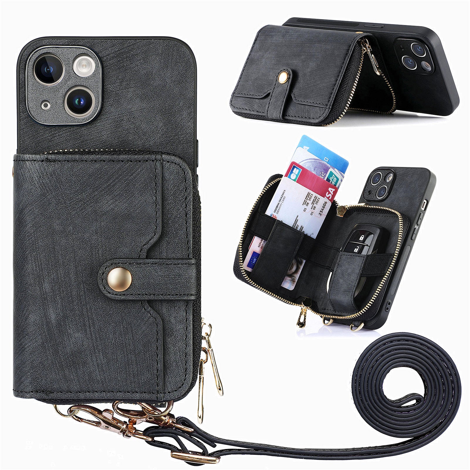 D3 for iPhone 15 Case Zipper Wallet Leather Coated PC+TPU Phone Cover with Lanyard