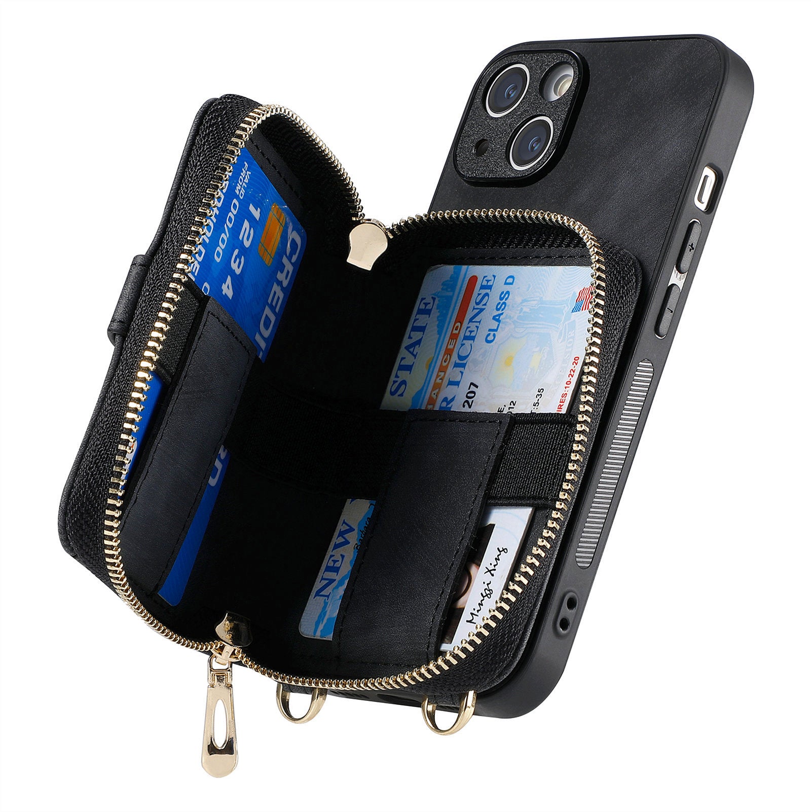 D3 for iPhone 15 Case Zipper Wallet Leather Coated PC+TPU Phone Cover with Lanyard